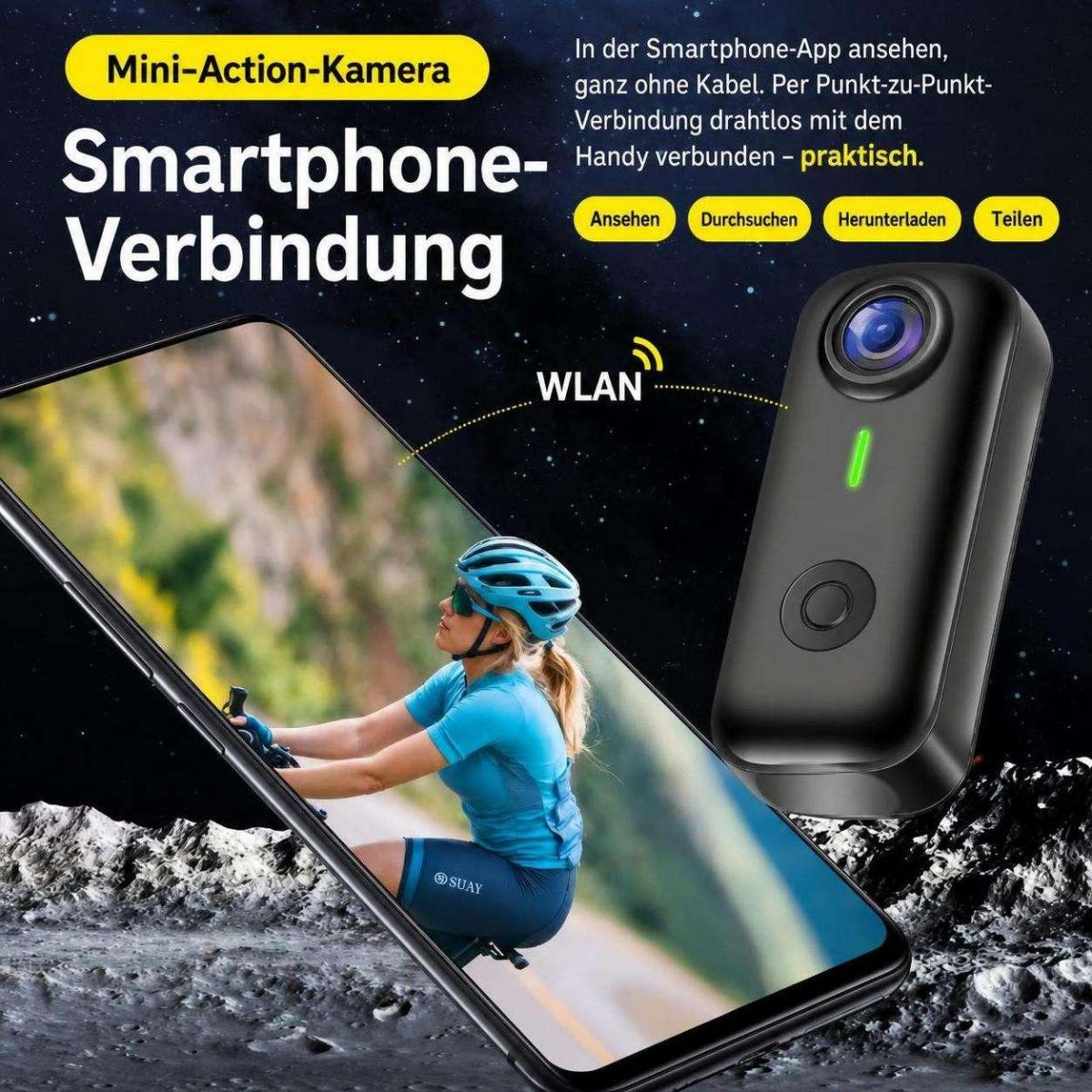 Eine Mini-Action-Kamera verbindet sich drahtlos über WLAN mit einem Smartphone, das eine Radfahrerin zeigt.