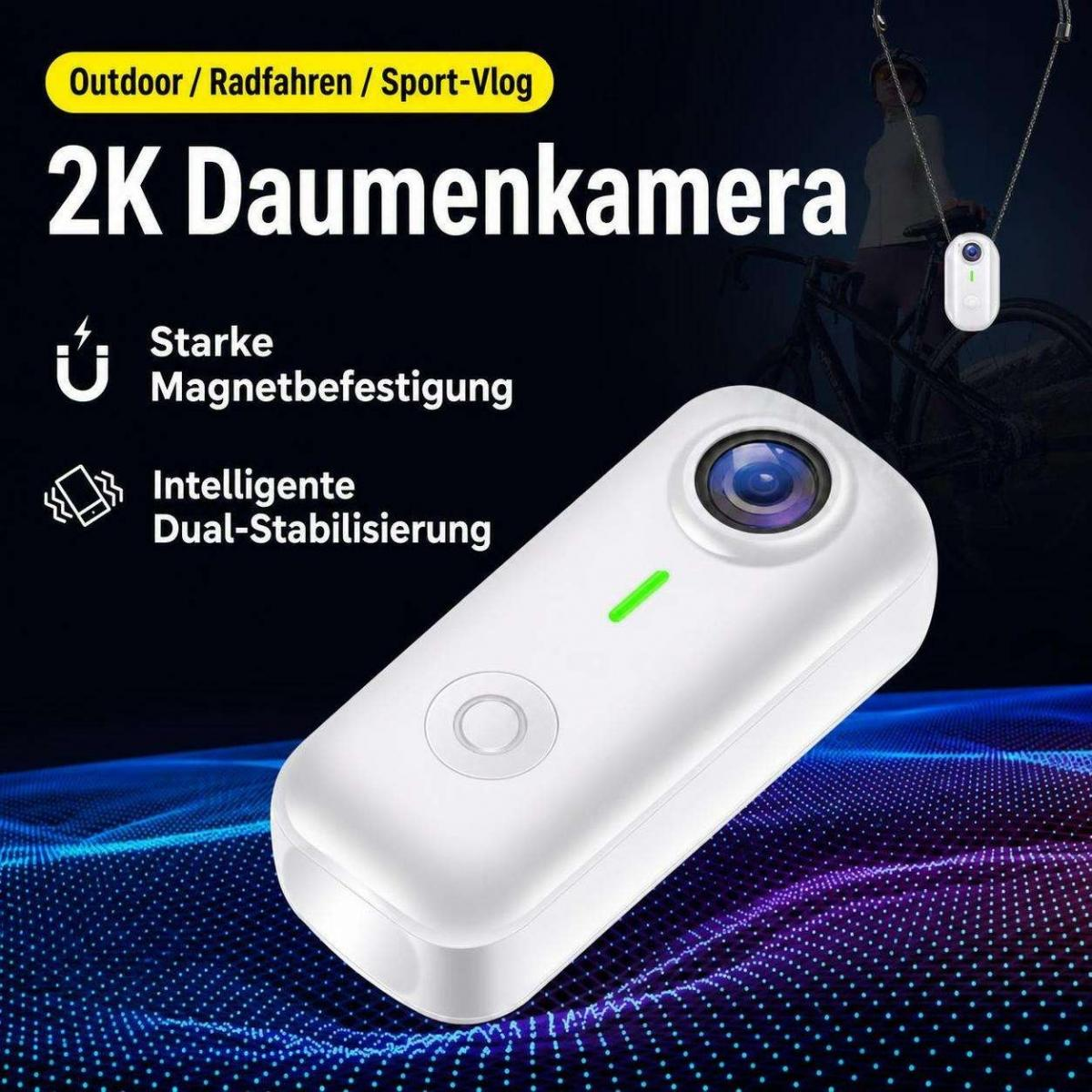 Eine weiße Daumenkamera mit Linse und grüner LED, German text overlay.