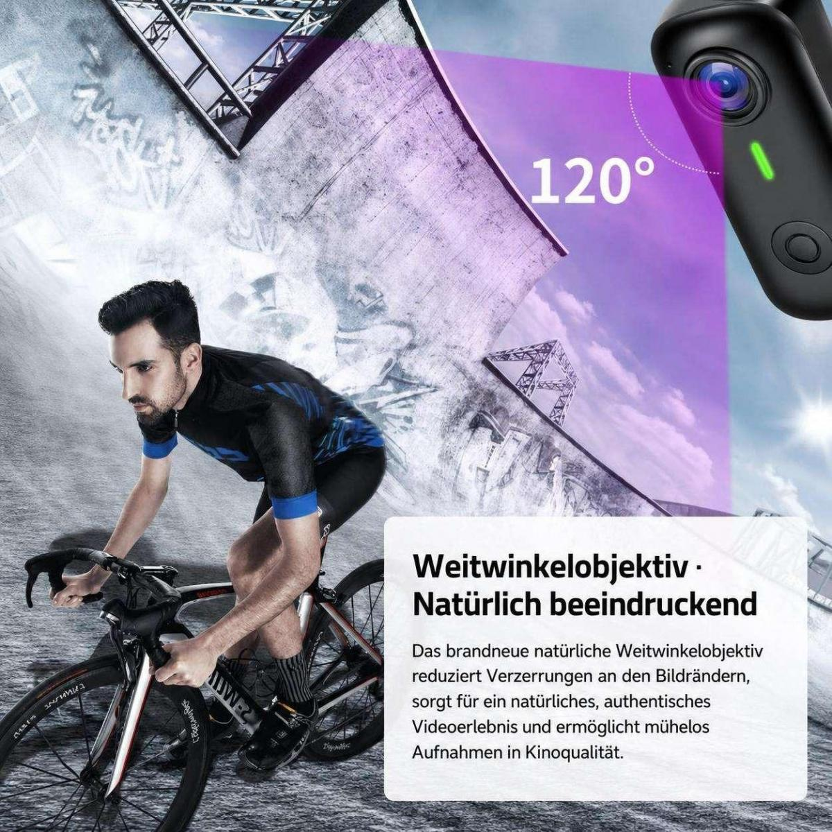 Ein Radfahrer fährt auf einer Straße, oben rechts eine 120-Grad-Weitwinkelkamera und deutscher Text.