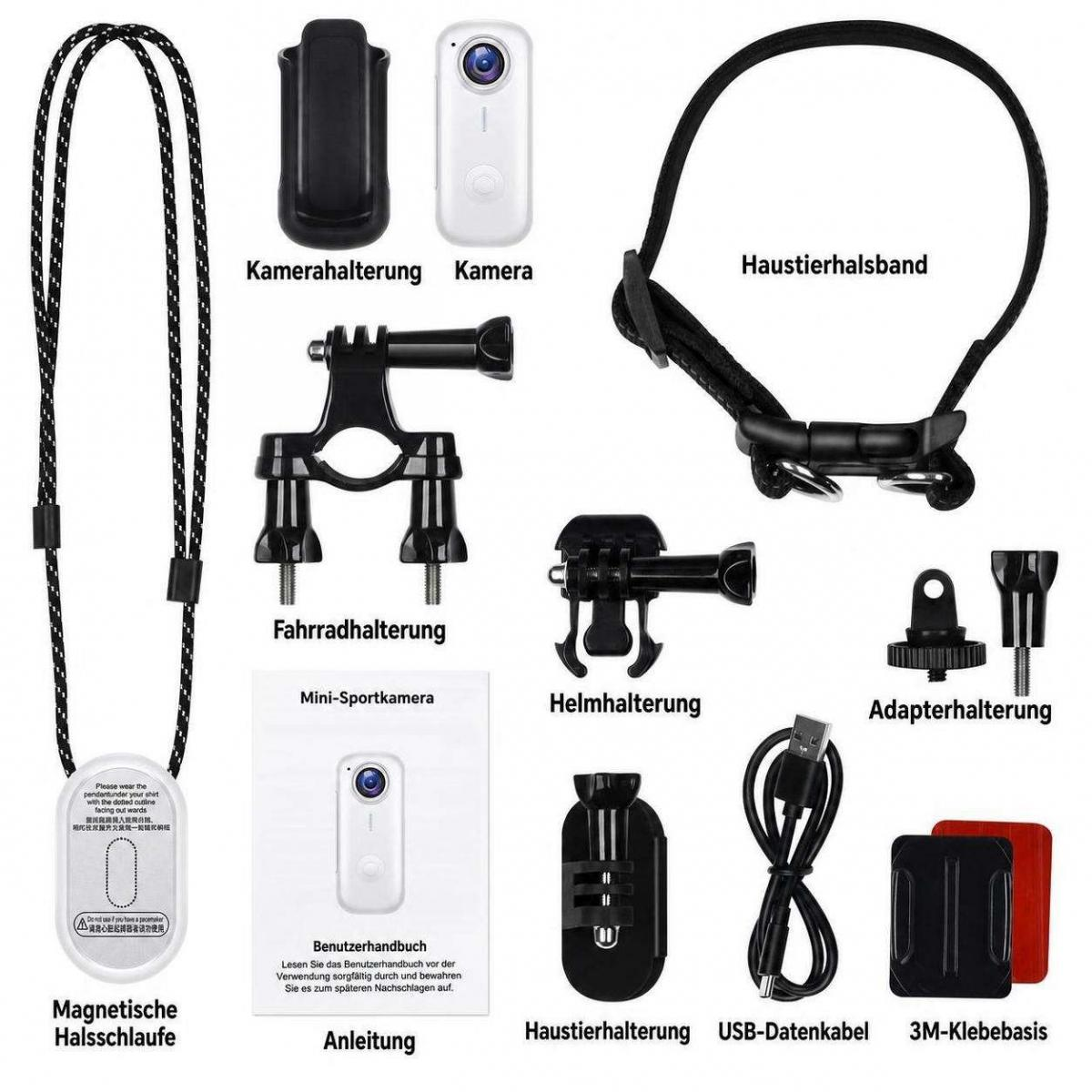 Weiße Minikamera mit verschiedenen schwarzen Halterungen, Riemen, Kabel und Anleitung auf weißer Fläche mit Beschriftung.