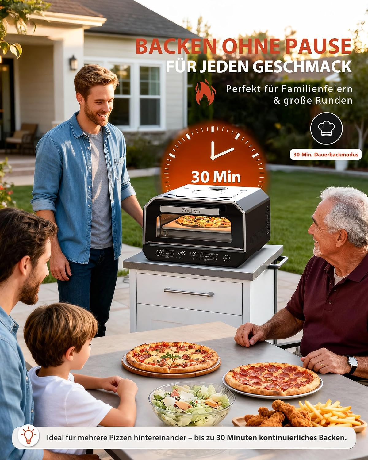 Familie im Garten beim Pizzabacken mit einem Tischofen und Salate auf dem Tisch.