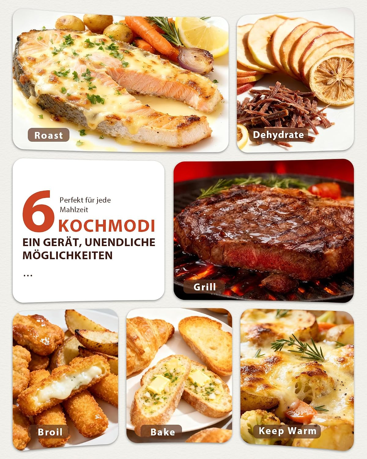 Collage aus sechs Lebensmitteln mit den Modi Braten, Dörren, Grillen, Backen und Warmhalten.