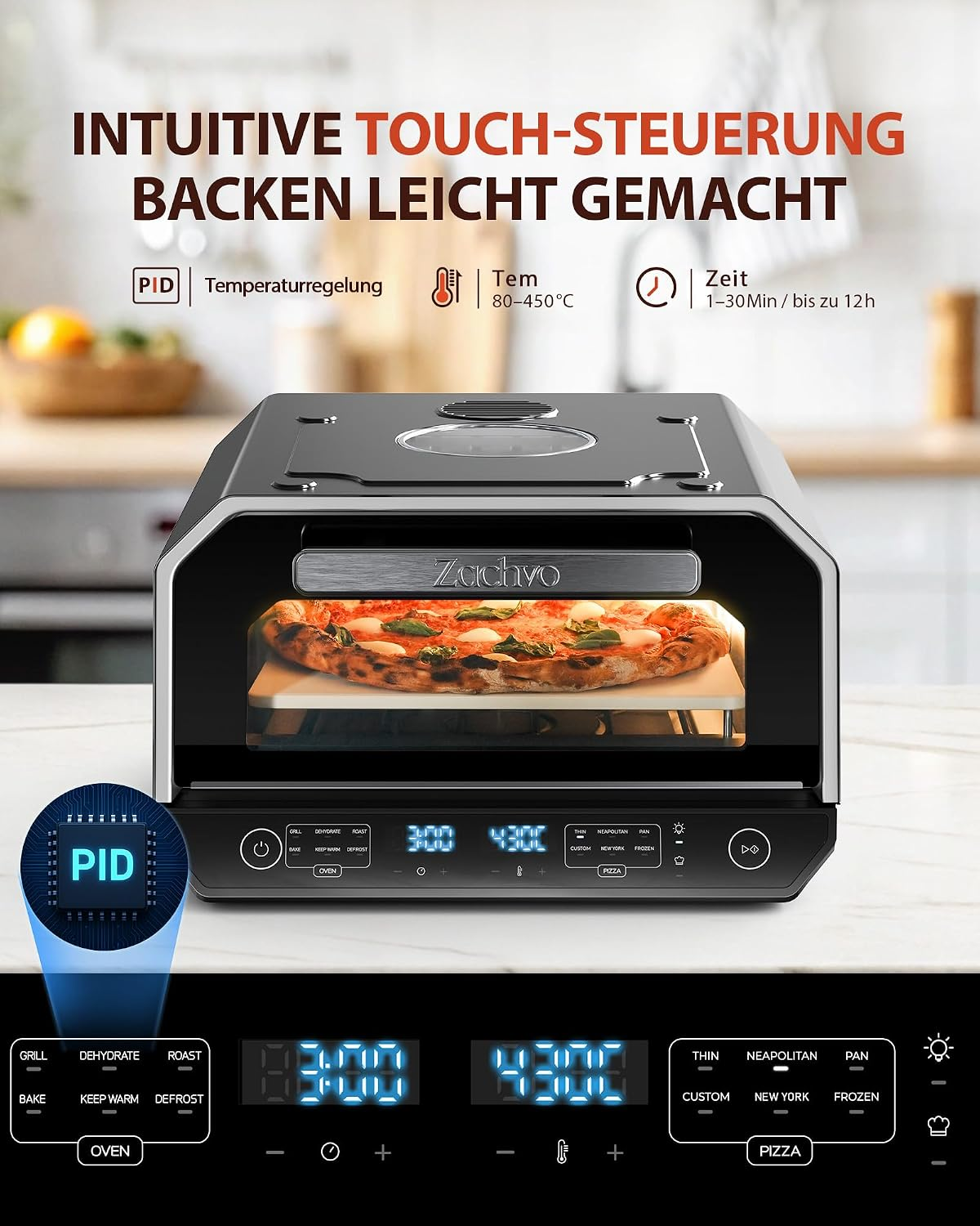 Schwarzer Zachvo-Ofen mit digitalem Touch-Display kocht Pizza in einer Küche.