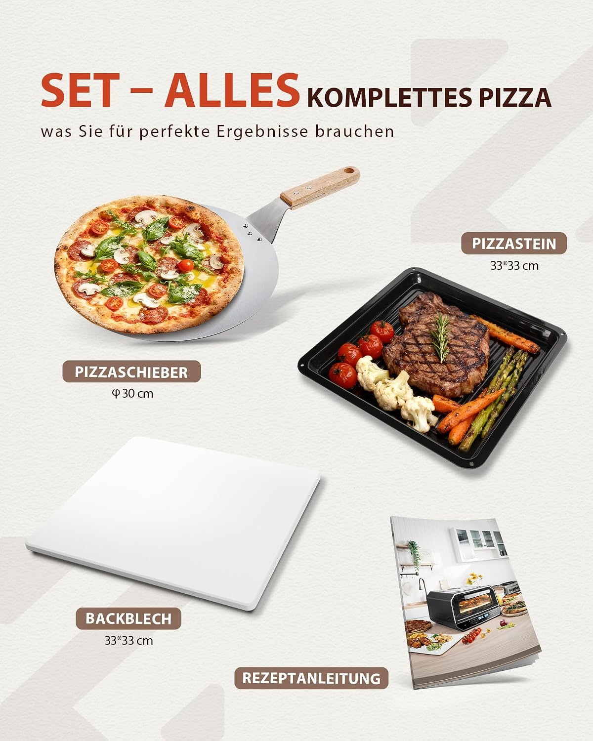 Pizza-Zubehörset mit Schieber, Pizzastein, Backblech, Grillgut und Rezeptanleitung auf hellem Hintergrund.