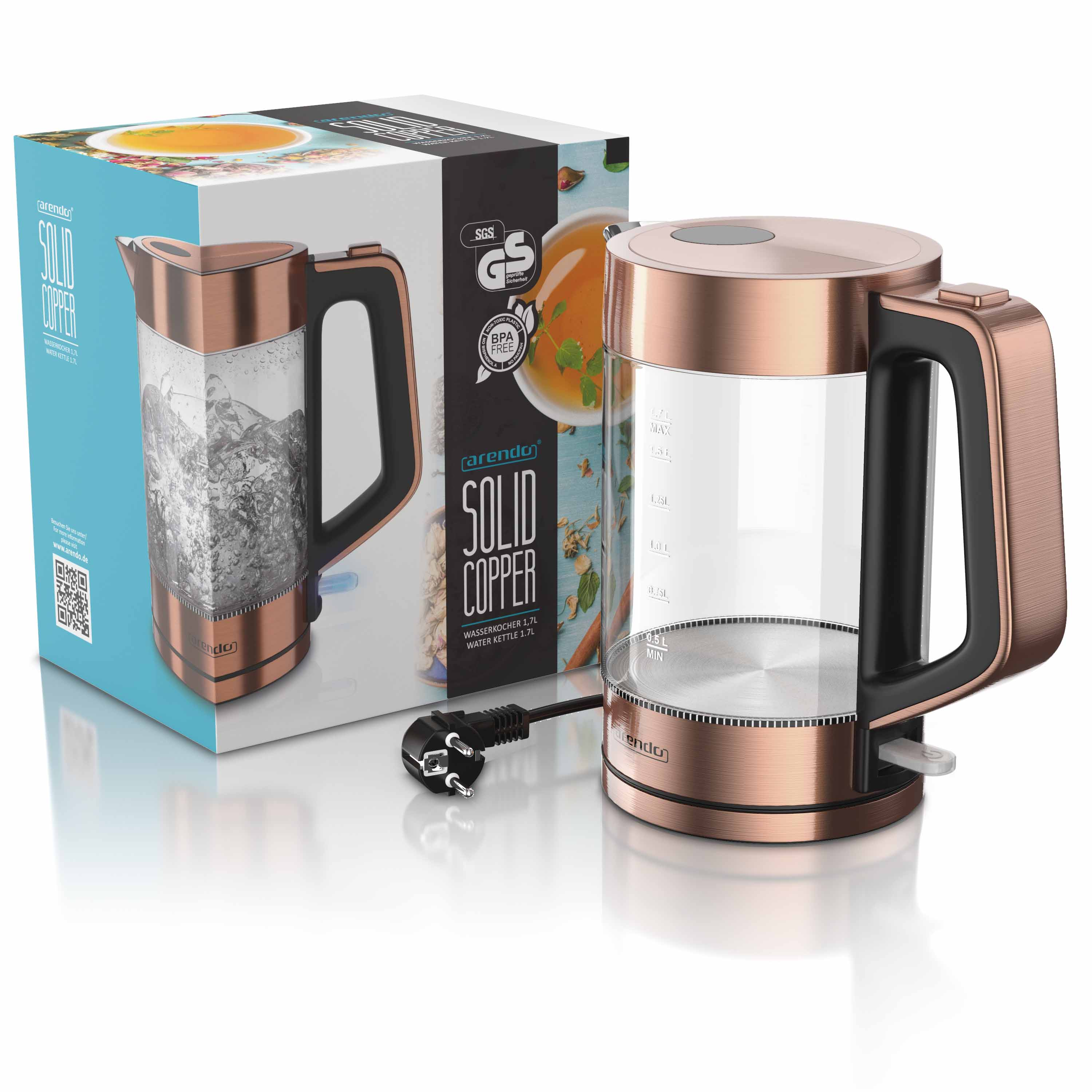Kupferfarbener Glaswasserkocher mit schwarzem Griff und seiner Produktverpackung im Hintergrund.