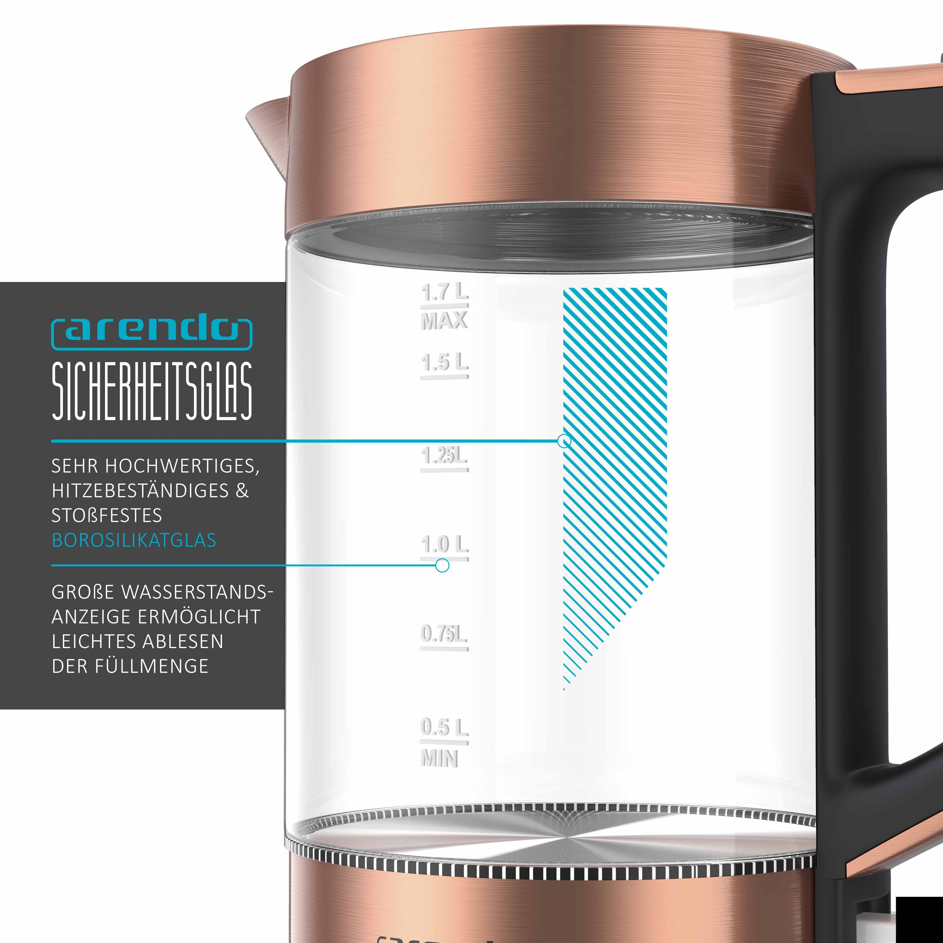 Wasserkocher aus Kupfer und Glas mit Wasserstandsanzeige und Arendomarken-Text links.