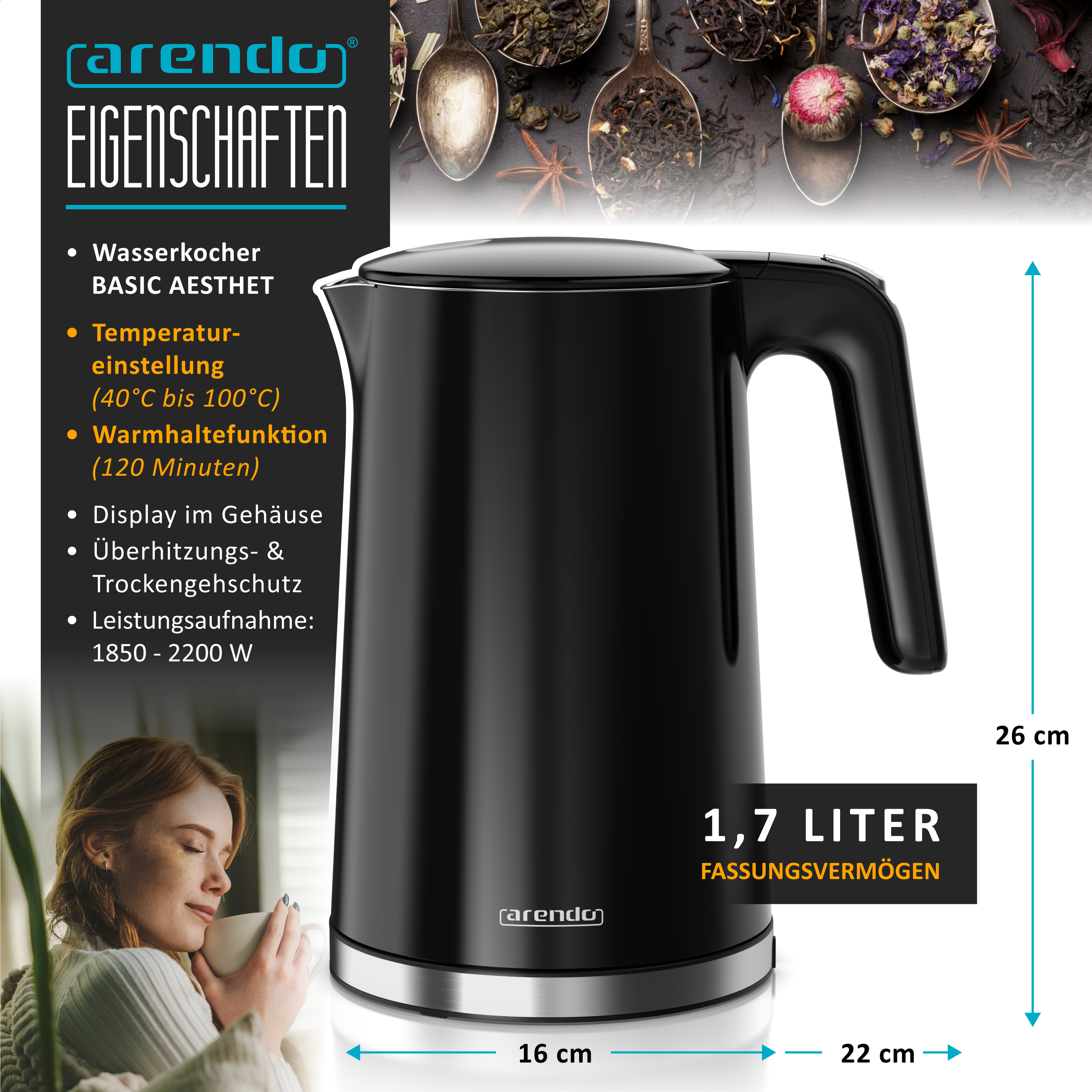 Schwarzer Arendo Wasserkocher mit 1,7L Fassungsvermögen, Maßen und Produktdetails auf einem Werbebanner.