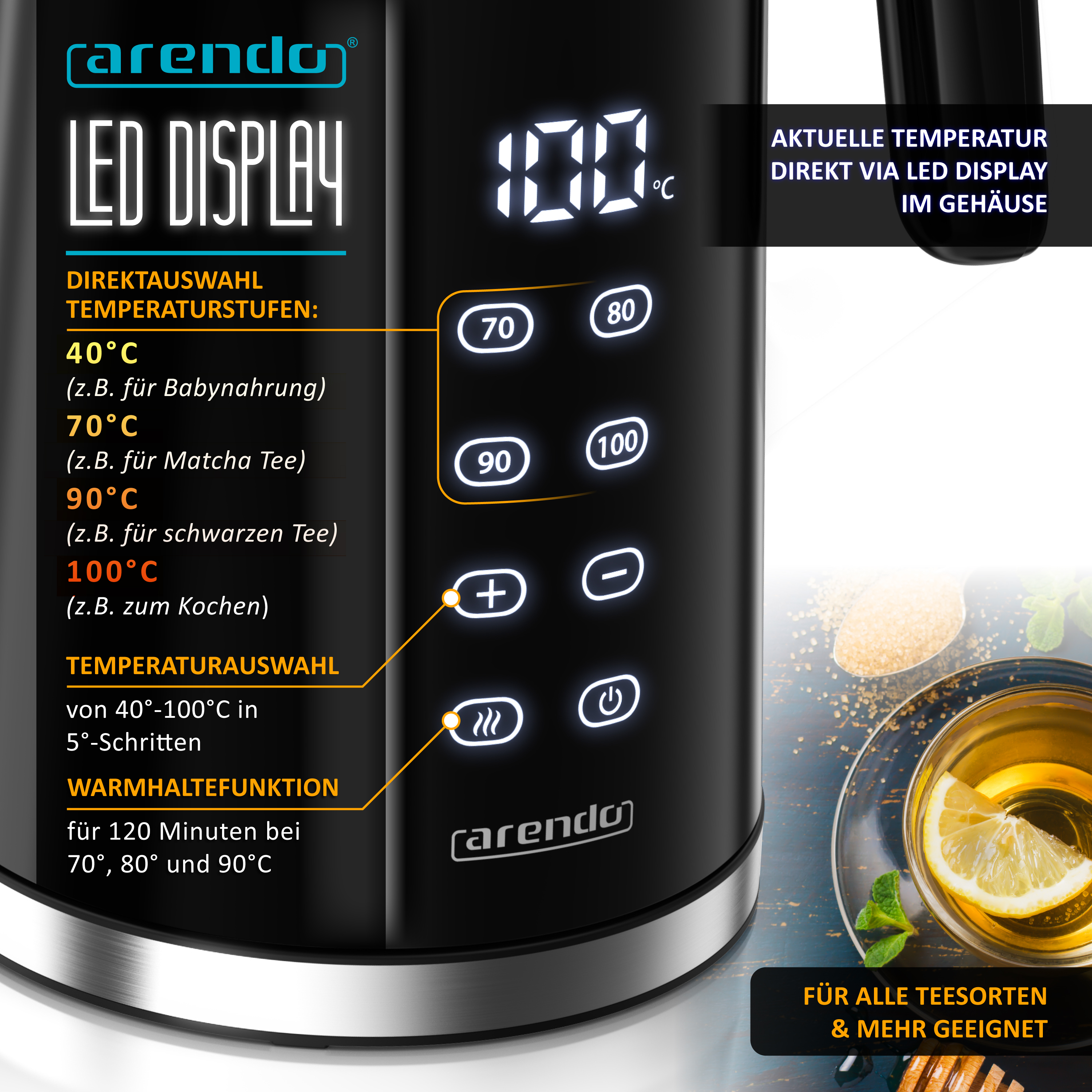 Schwarzer Arendo Wasserkocher mit LED-Display zur Temperaturwahl und Teetasse im Hintergrund.