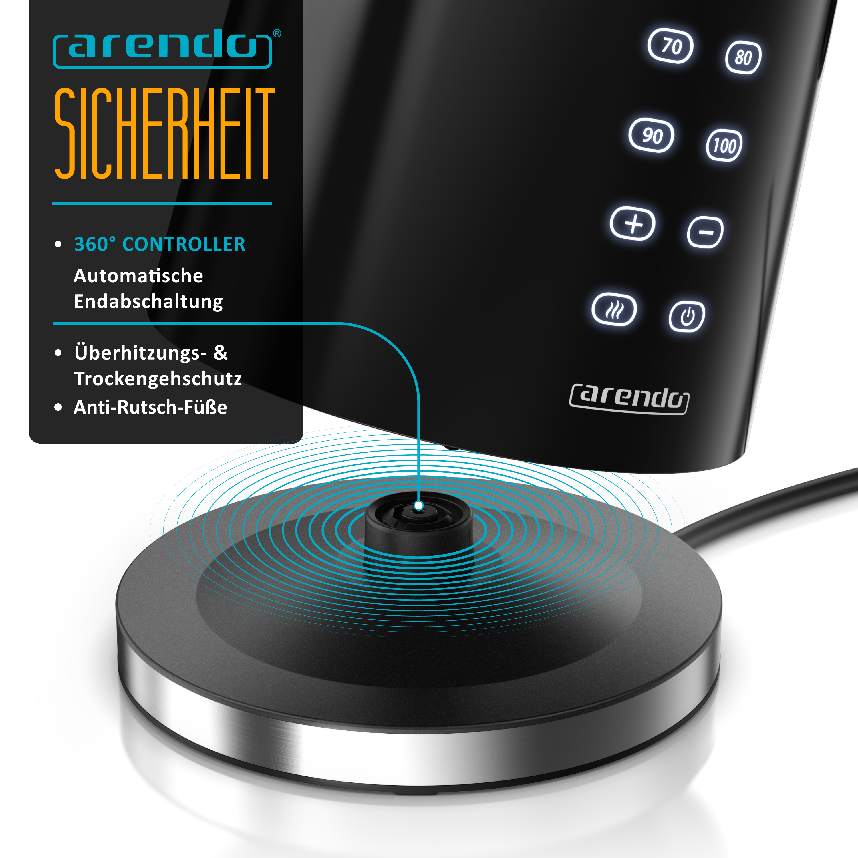Arendo Wasserkocher-Sockel mit 360-Grad-Controller und Sicherheitsfunktionen auf weißem Hintergrund.