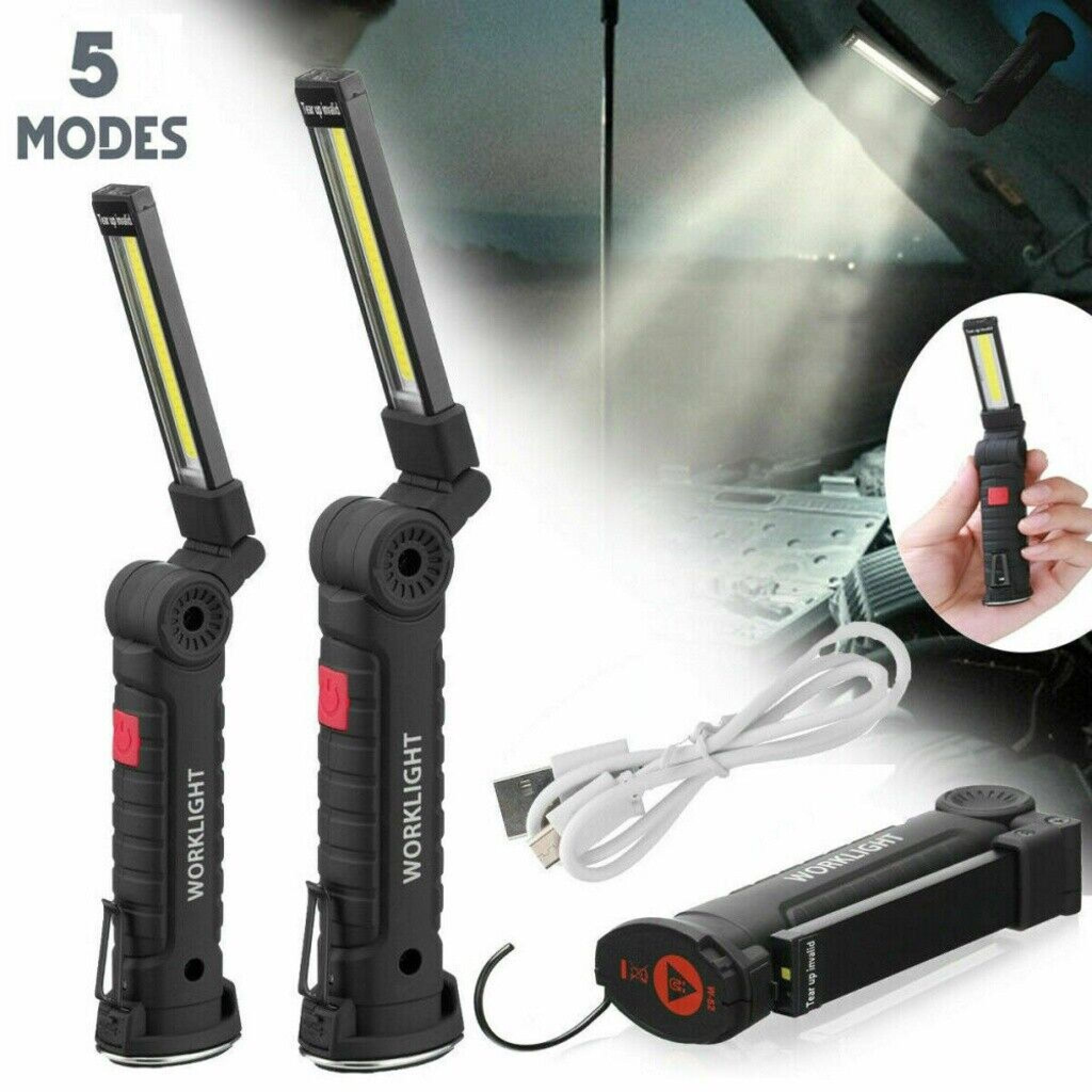Zwei schwarze verstellbare Arbeitsleuchten mit USB-Kabel und 5 Modi, im Auto.