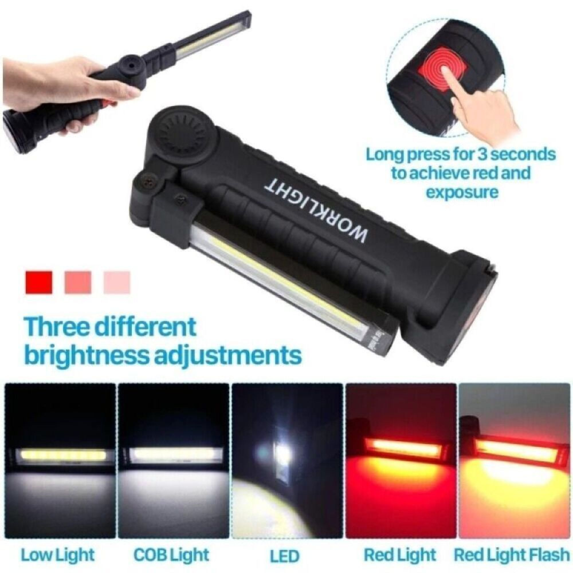 Eine schwarze Arbeitsleuchte mit verschiedenen Helligkeitsstufen und roten Lichtmodi.