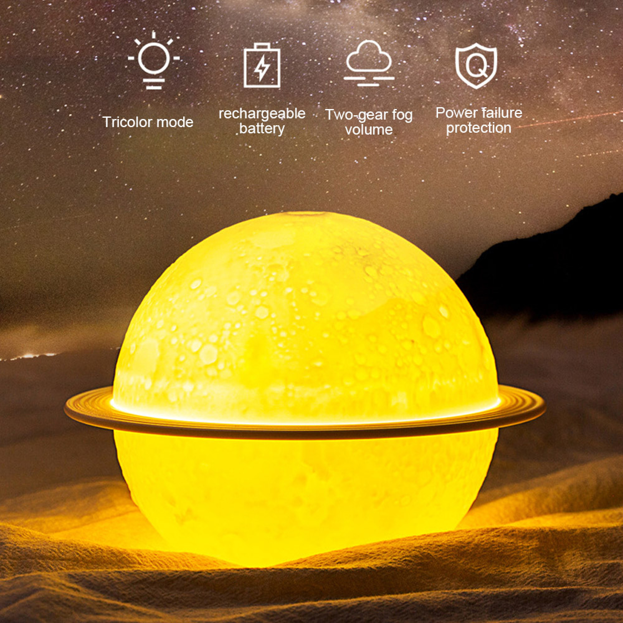 Eine leuchtende Saturnlampe mit Ring auf strukturiertem Sand vor sternenklarem Hintergrund mit vier Icons.