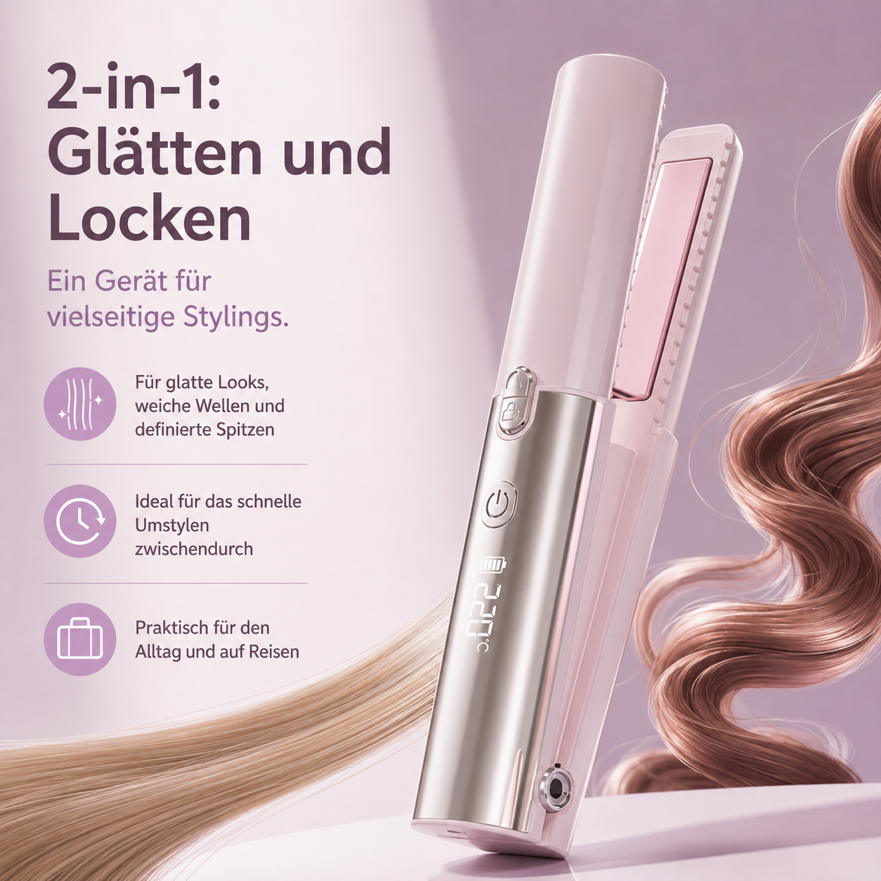 Ein rosafarbener 2-in-1-Haarglätter und Lockenstab vor einem Textbanner auf violettem Hintergrund.