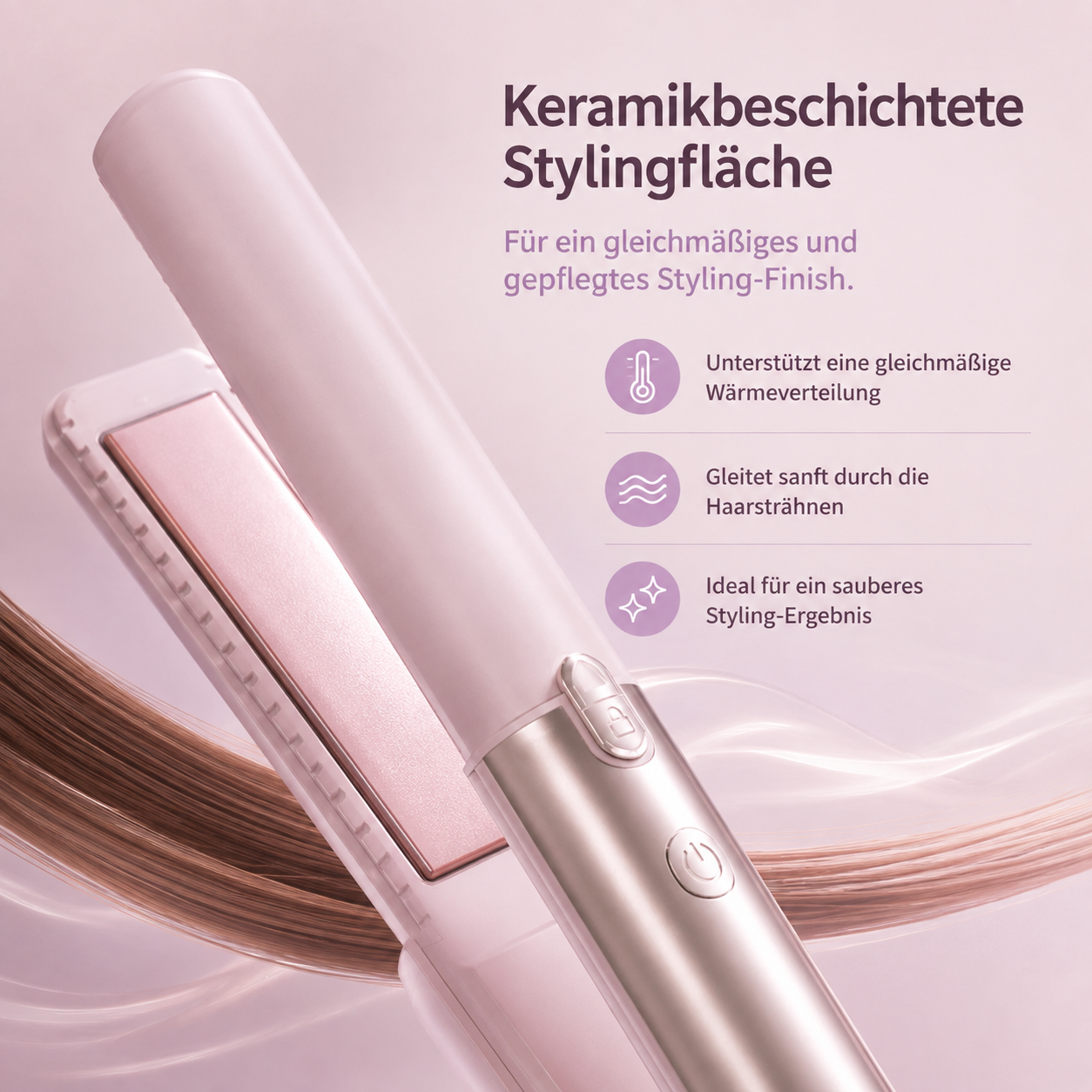 Rosa Haarglätter mit Keramikbeschichtung und Feature-Symbolen.