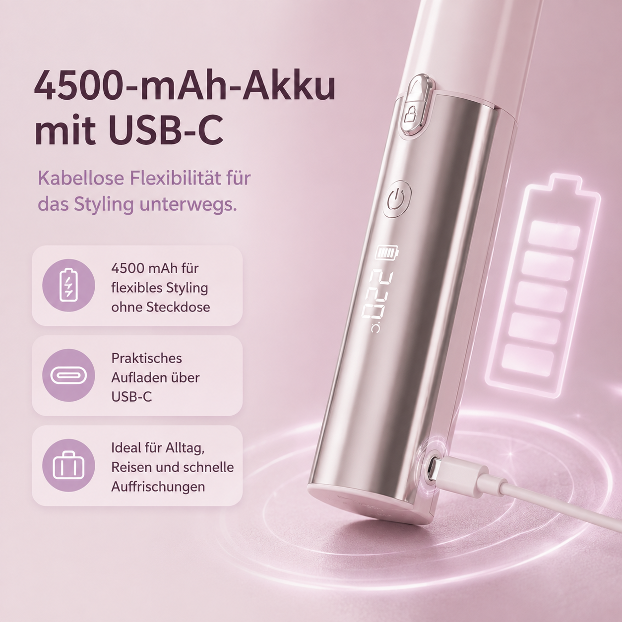 Rosa Stylinggerät lädt mit USB-C-Kabel, mit digitaler Anzeige und Symbolen auf rosa Hintergrund.