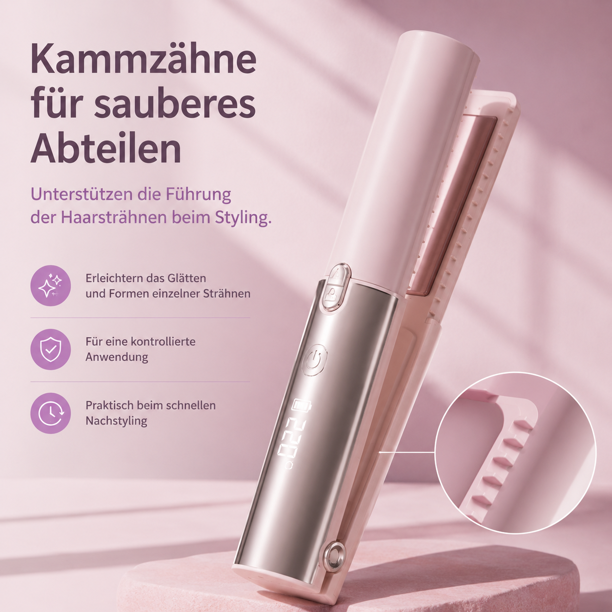 Ein rosafarbener Haarglätter mit Kammzähnen zum Styling, vor rosa Hintergrund mit deutschem Text und Symbolen.