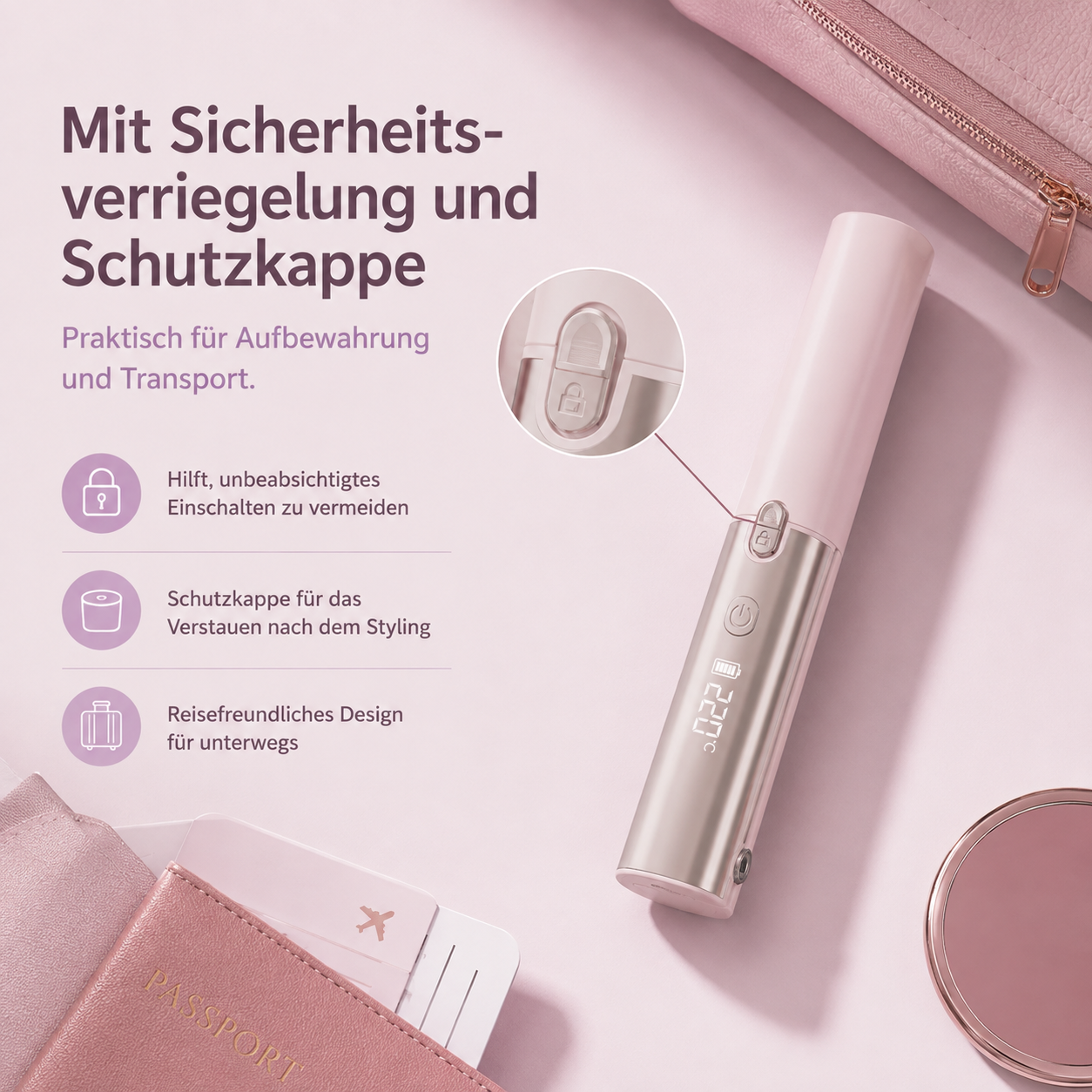 Rosa Styling-Gerät mit Sicherheitsverriegelung auf pinkfarbenem Hintergrund mit Text.