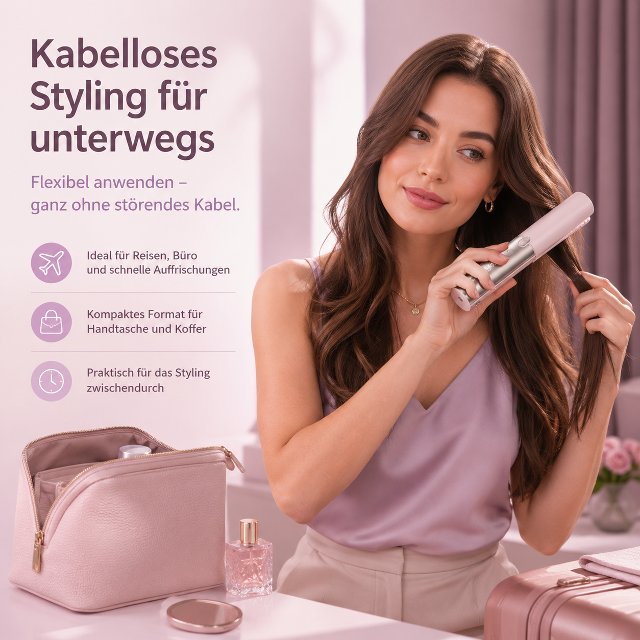 Eine Frau stylt ihre Haare mit einem kabellosen Glätteisen neben einer rosa Kosmetiktasche auf einem Tisch.