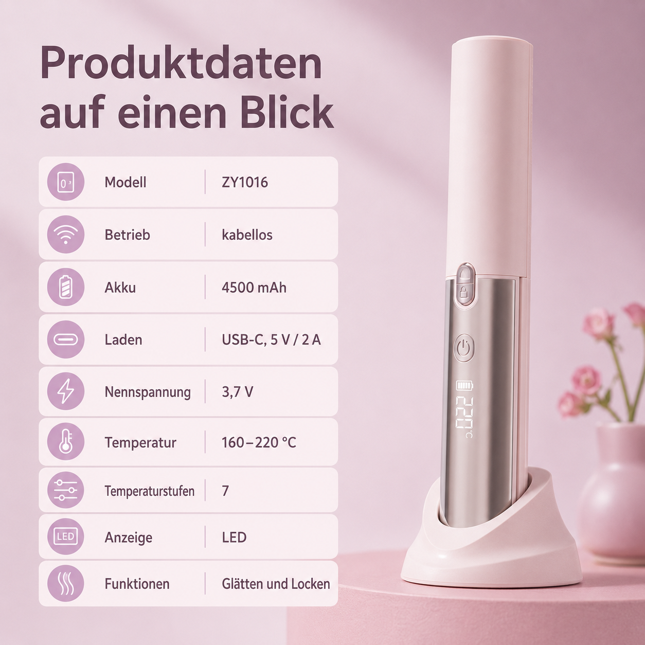 Ein rosafarbenes, kabelloses Haargräst-Tool auf einer Ladestation mit Produktdetails links.