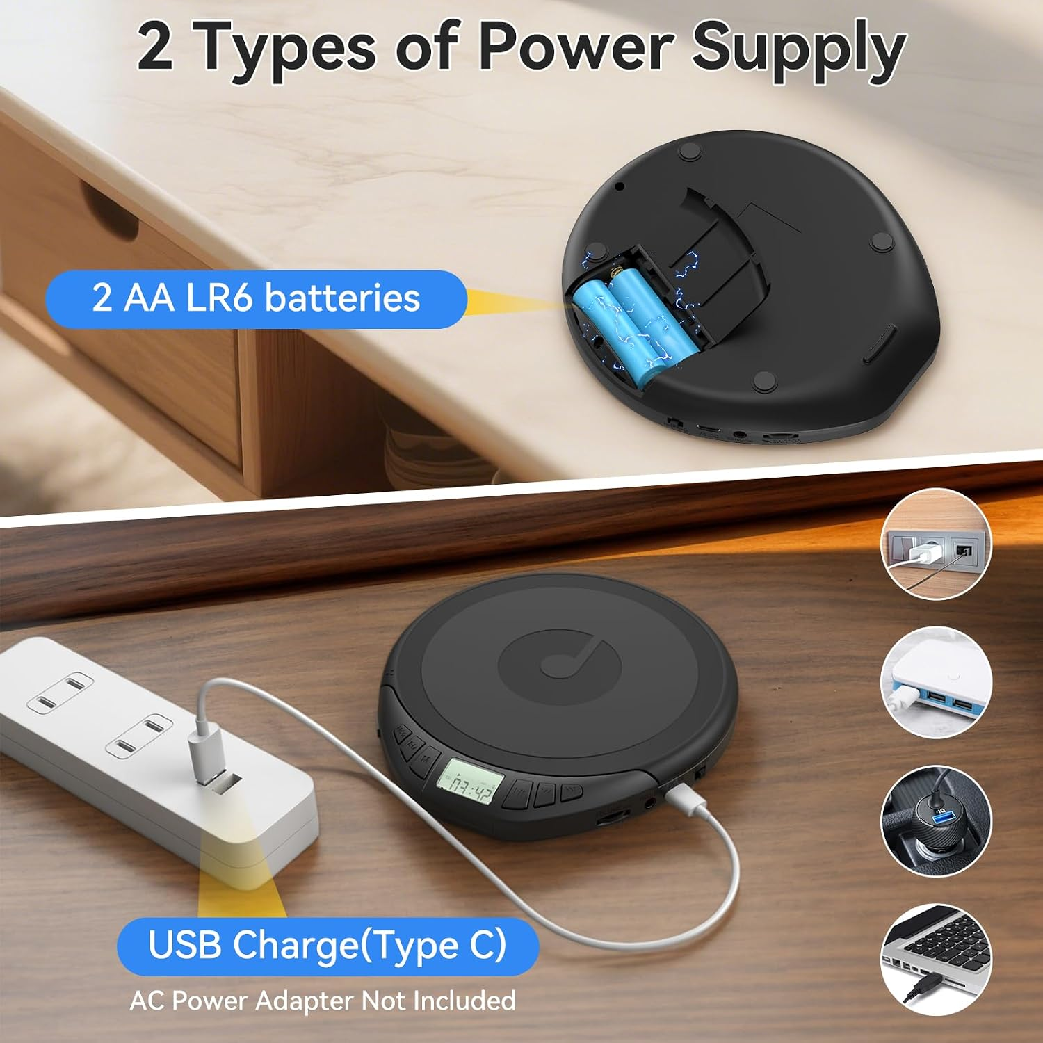 Diagramm zeigt zwei Stromversorgungsarten für ein Gerät: zwei AA-Batterien oder USB-Typ-C-Ladekabel.