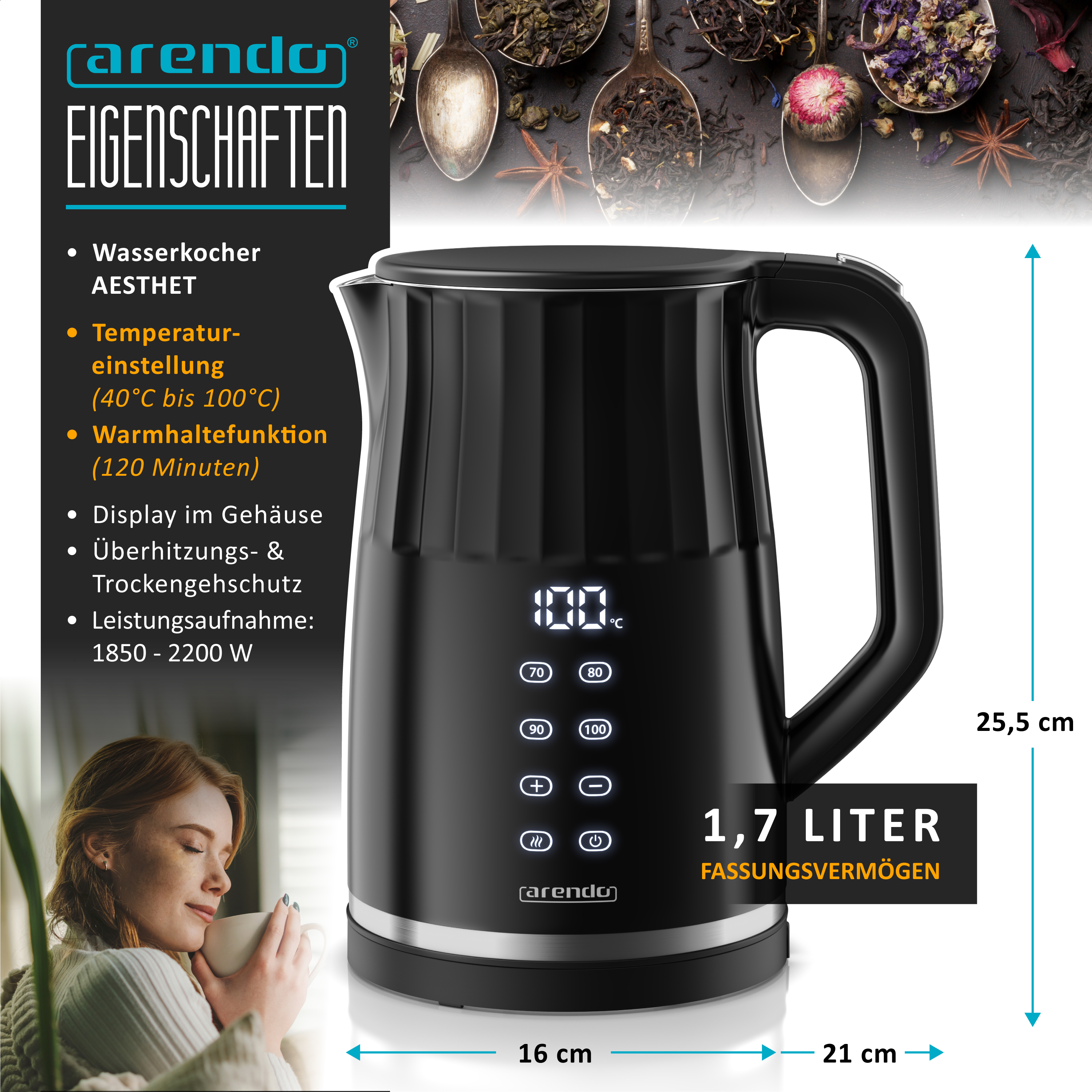 Ein schwarzer Arendo Wasserkocher mit digitaler Temperaturanzeige, Touch-Tasten und Produktdetails.