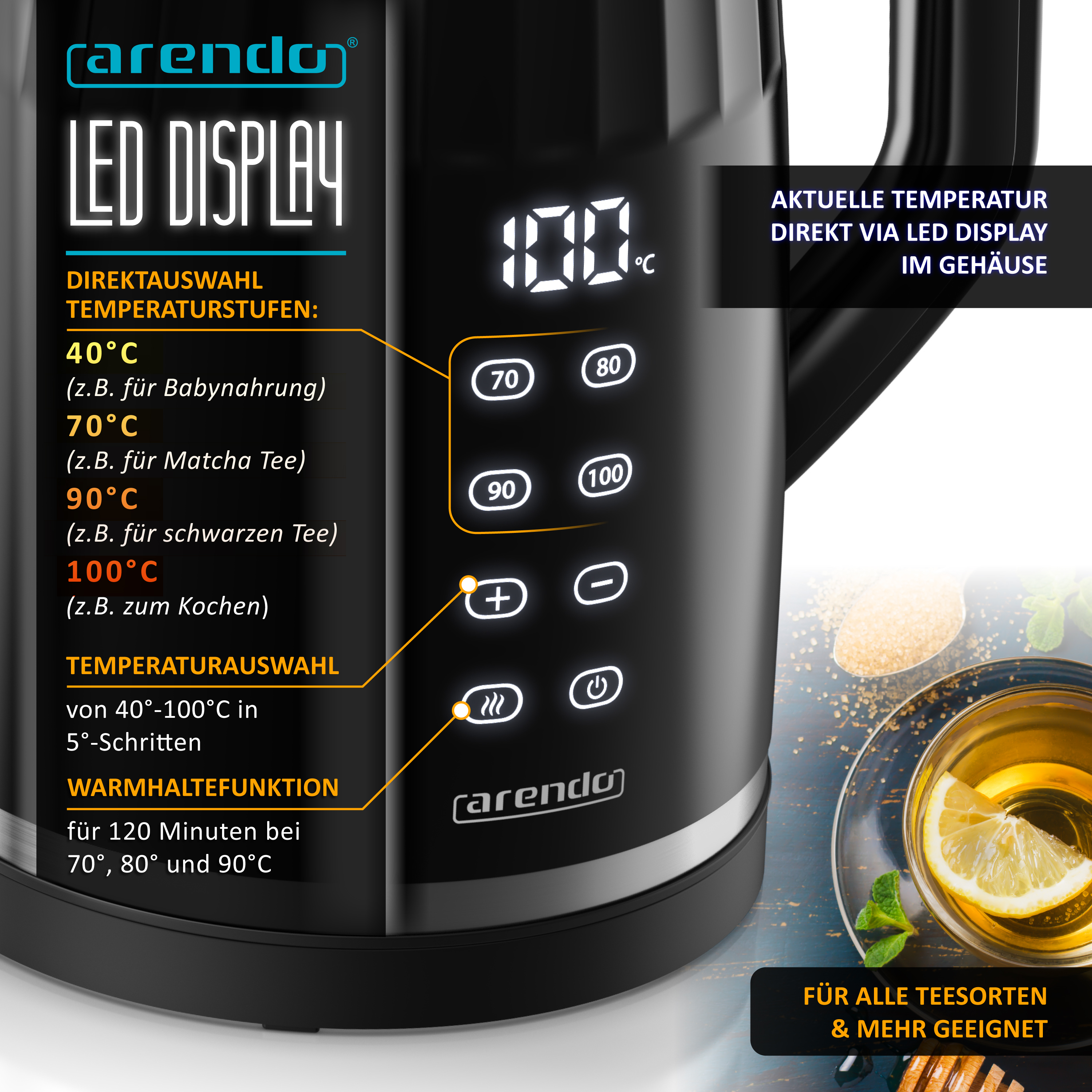 Schwarzer Arendo Wasserkocher mit LED-Display, Temperaturwahl und Teetasse im Hintergrund.