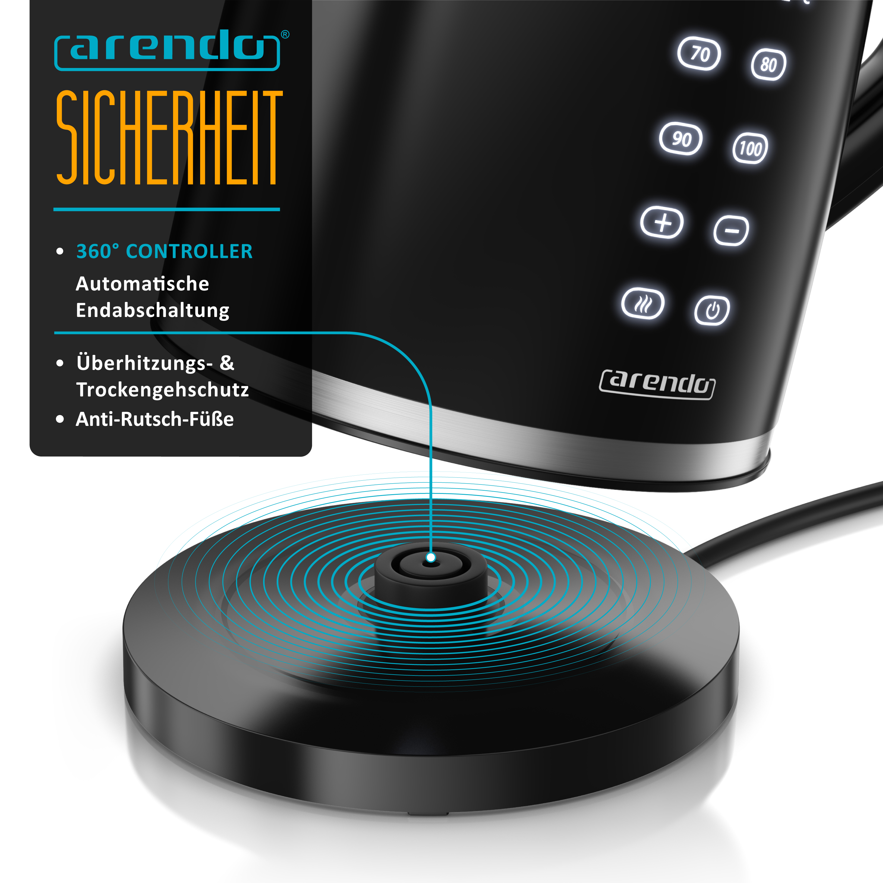 Schwarzer Arendo Wasserkocher mit 360-Grad-Sockel und Sicherheitsfeatures wie automatischer Abschaltung.