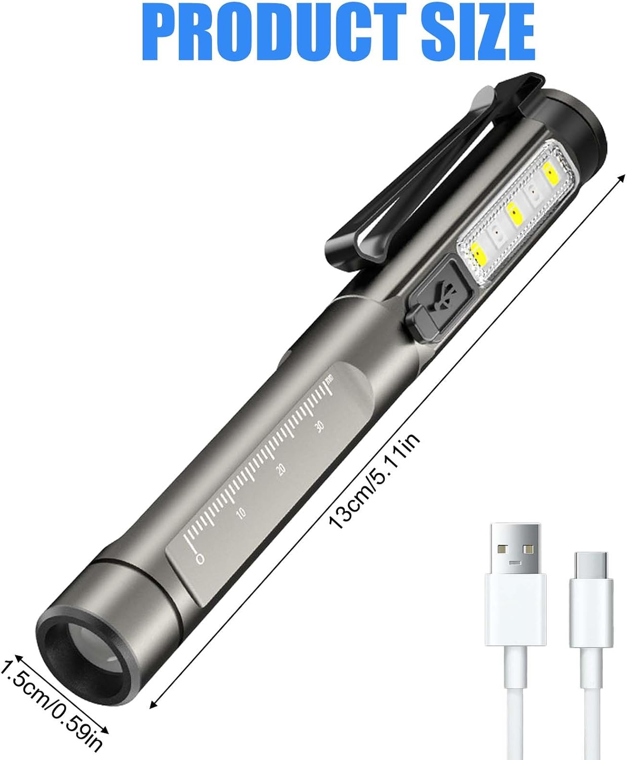 Eine graue Stiftlampe mit integrierten Maßen und zwei USB-Ladekabeln.