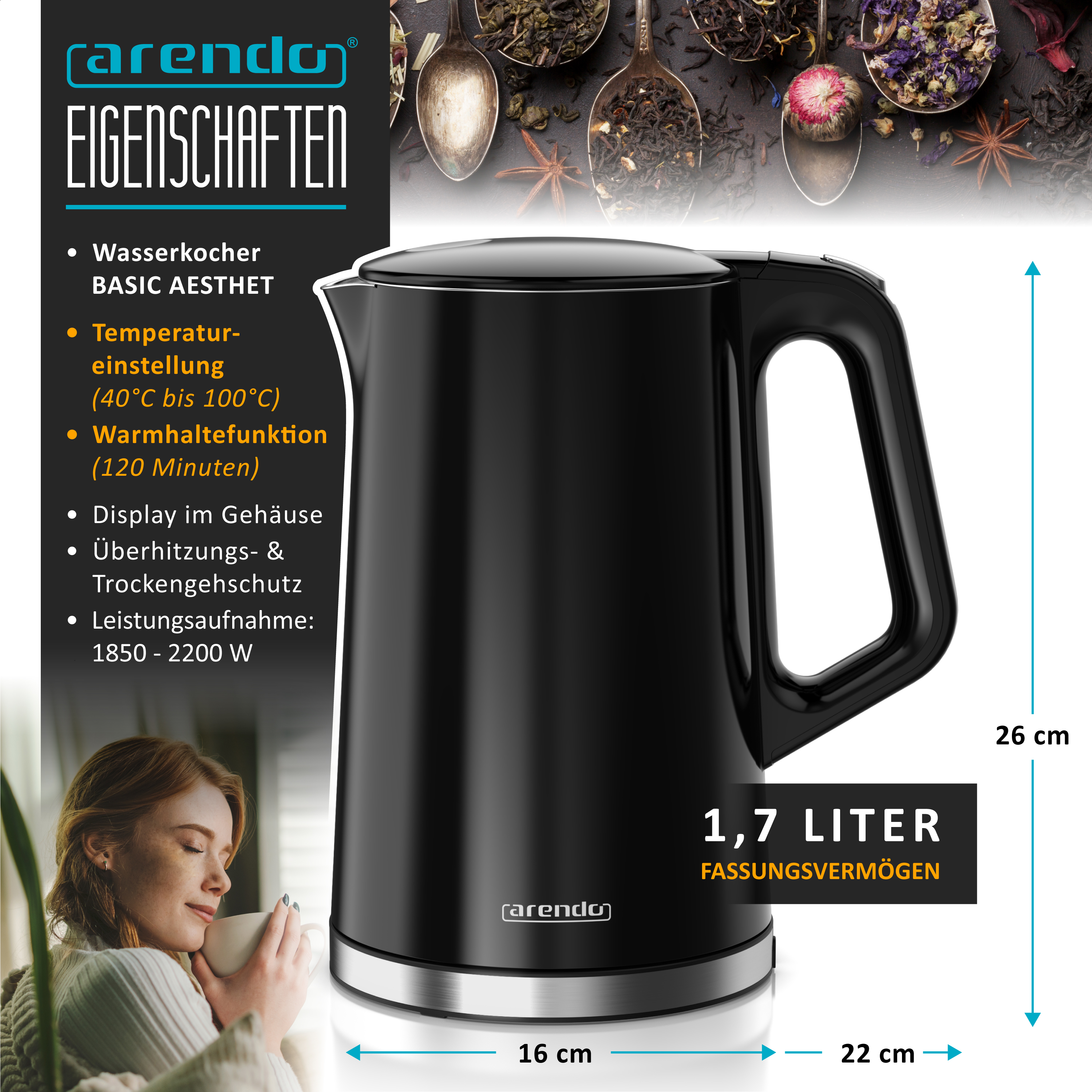 Ein schwarzer Arendo Wasserkocher mit 1,7L Fassungsvermögen und technischen Angaben auf deutscher Sprache.