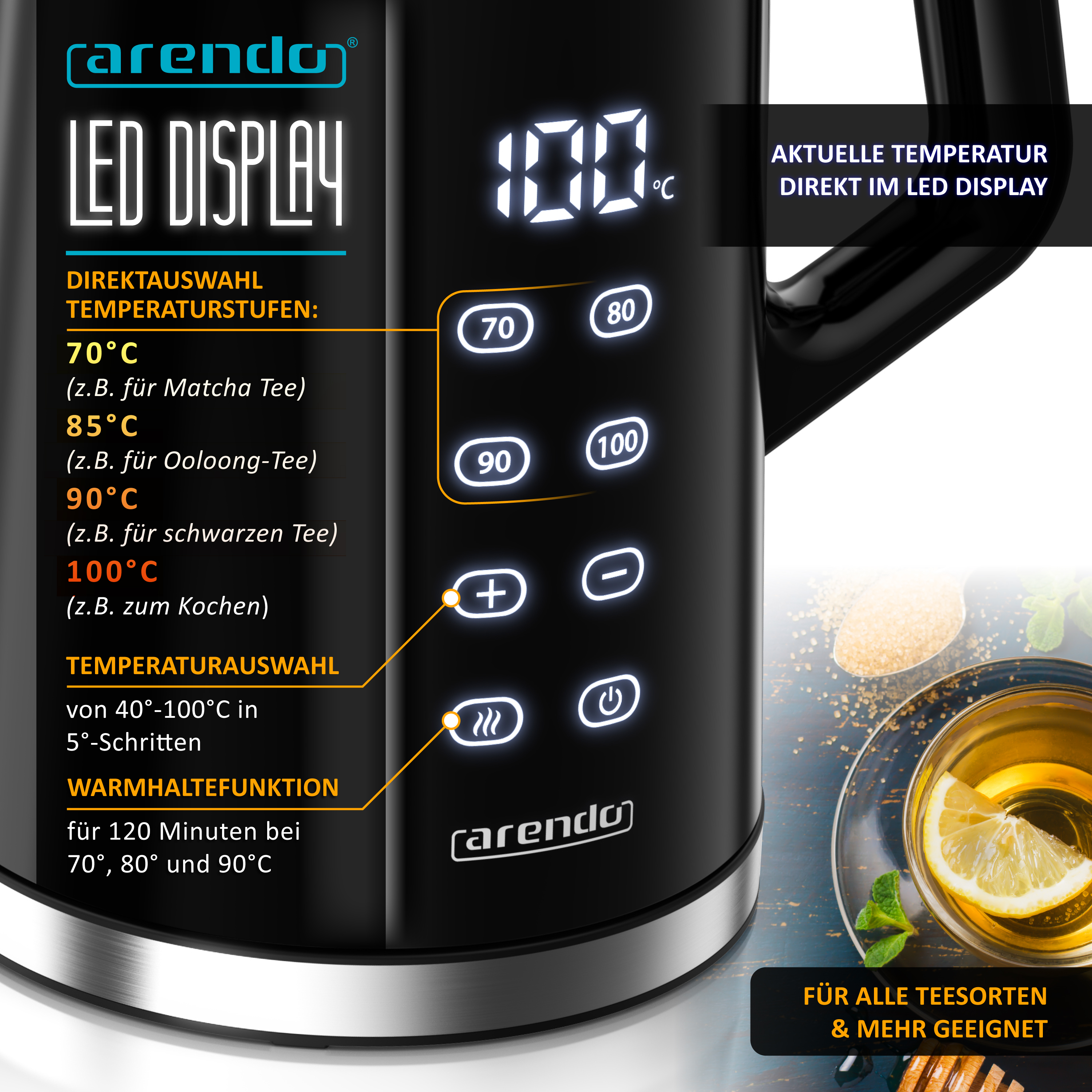 Schwarzer Arendo Wasserkocher mit LED-Display, Temperaturwahl-Tasten und Teetasse mit Zitrone im Hintergrund.