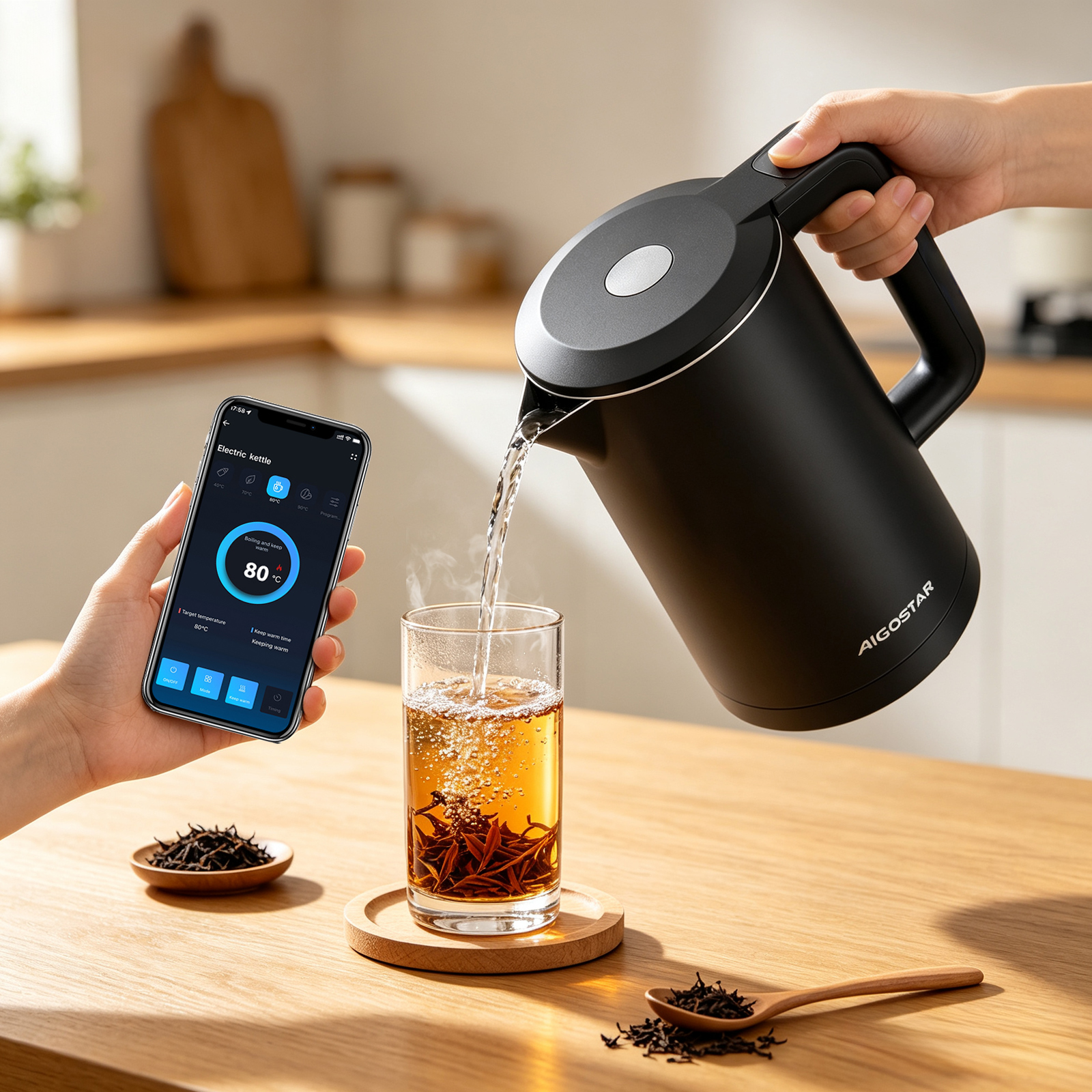 Ein schwarzer Wasserkocher gießt heißes Wasser in ein Teeglas, während eine Hand ein Smartphone mit einer App hält.