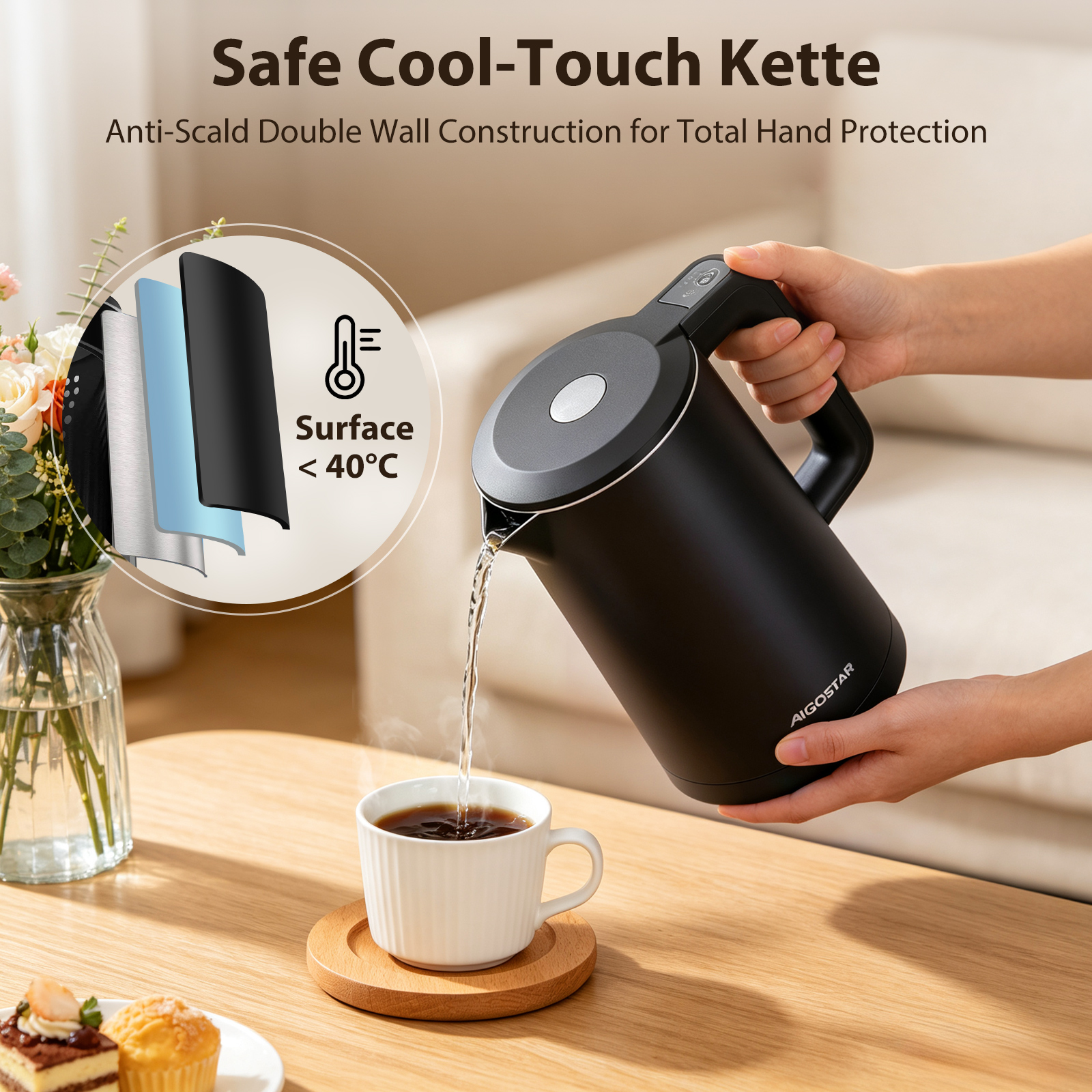 Eine Person gießt Wasser aus einem schwarzen Doppelwand-Wasserkocher in eine Tasse.