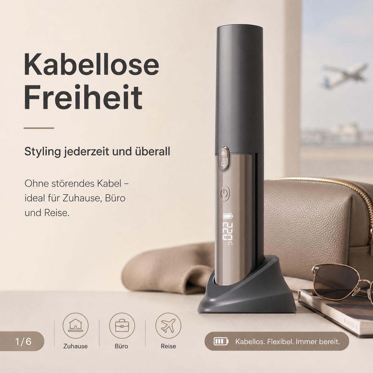 Ein kabelloser Haarglätter in einer Ladestation steht vor einem hellen Hintergrund mit Text und Icons.