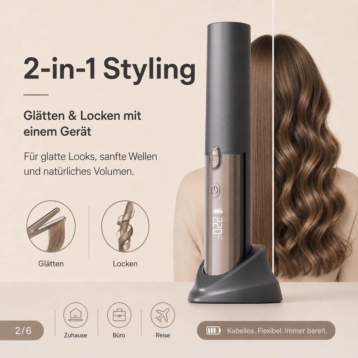 Ein kabelloser 2-in-1 Haarstyler zum Glätten und Locken in einer Ladestation vor neutralem Hintergrund.