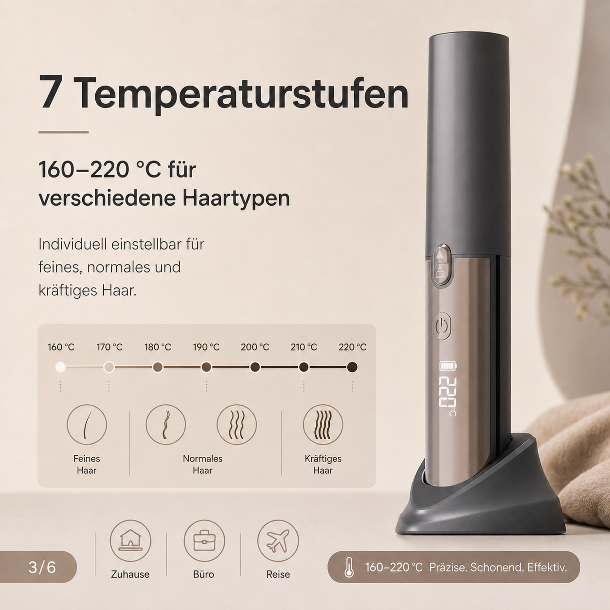 Ein grauer Haarglätter in Ladestation mit Temperaturstufen-Anzeige für verschiedene Haartypen.