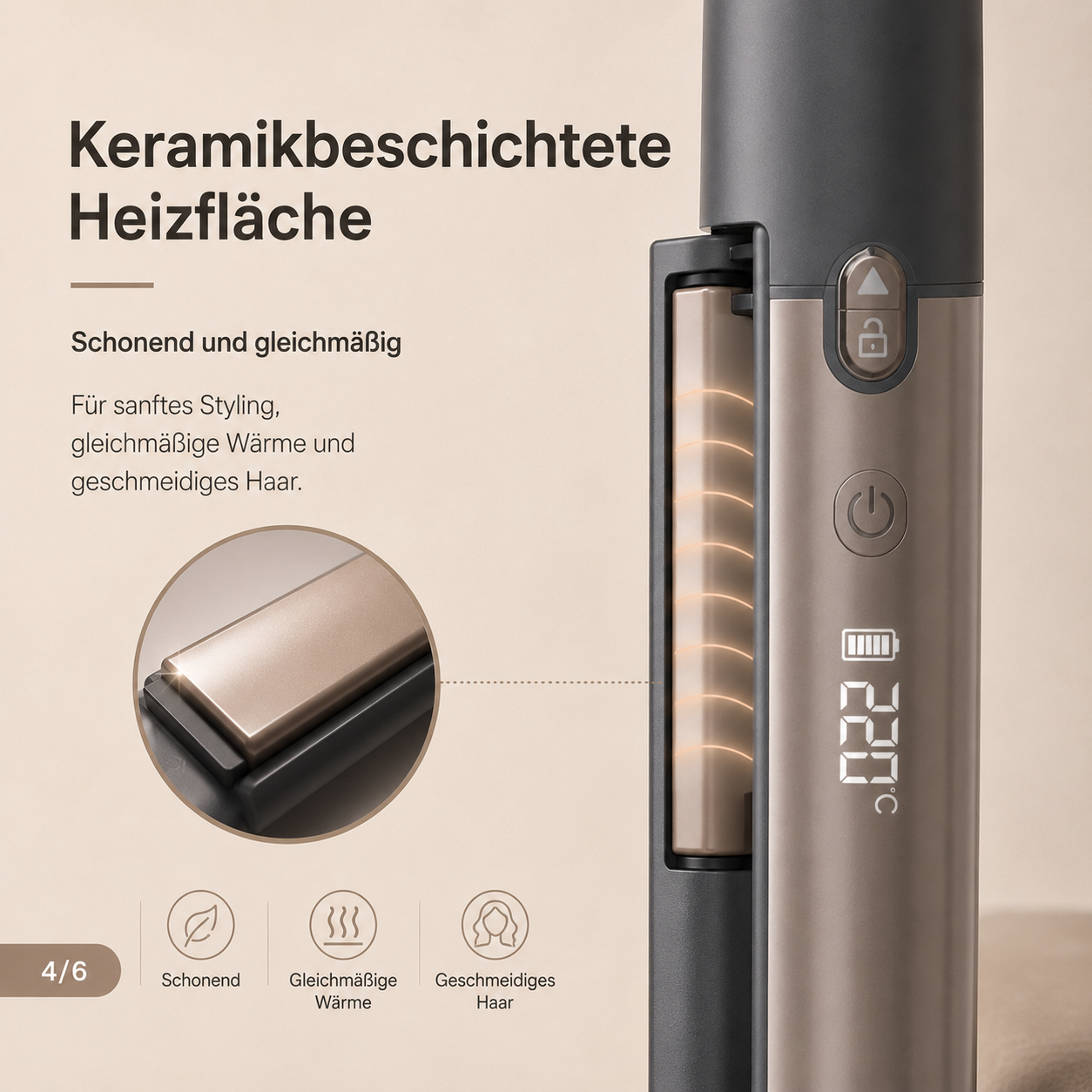 Nahaufnahme eines grauen Haarglätters mit Keramikheizfläche, digitalem Display und Text auf beigem Hintergrund.