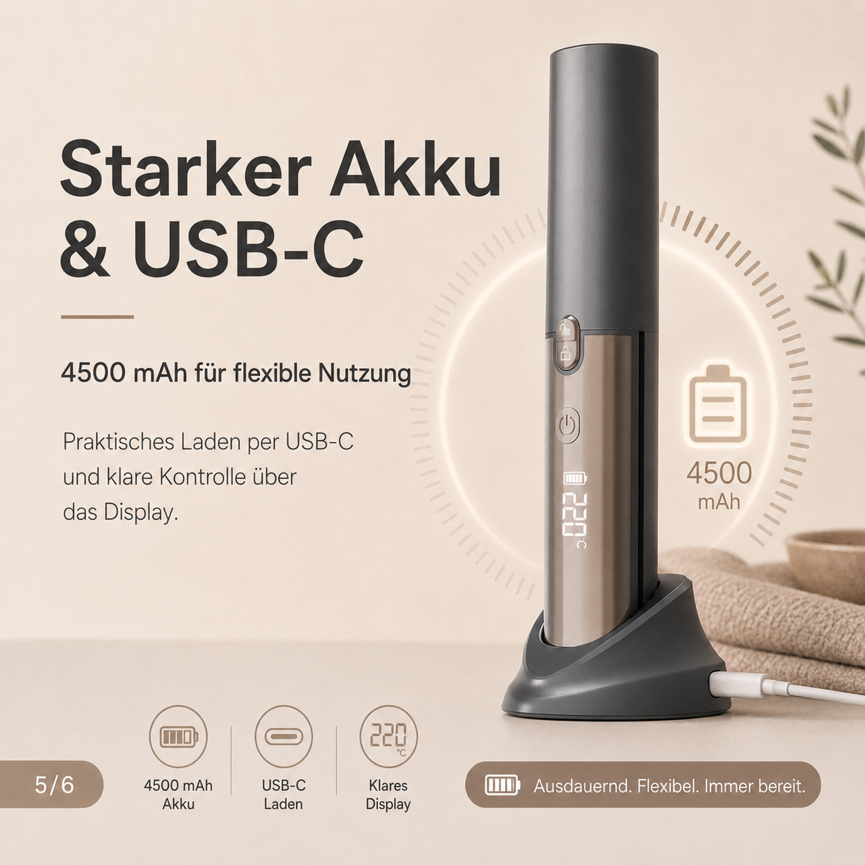 Starker Akku mit 4500 mAh und USB-C-Ladefunktion, ideal für die flexible Nutzung mit klarem Display.