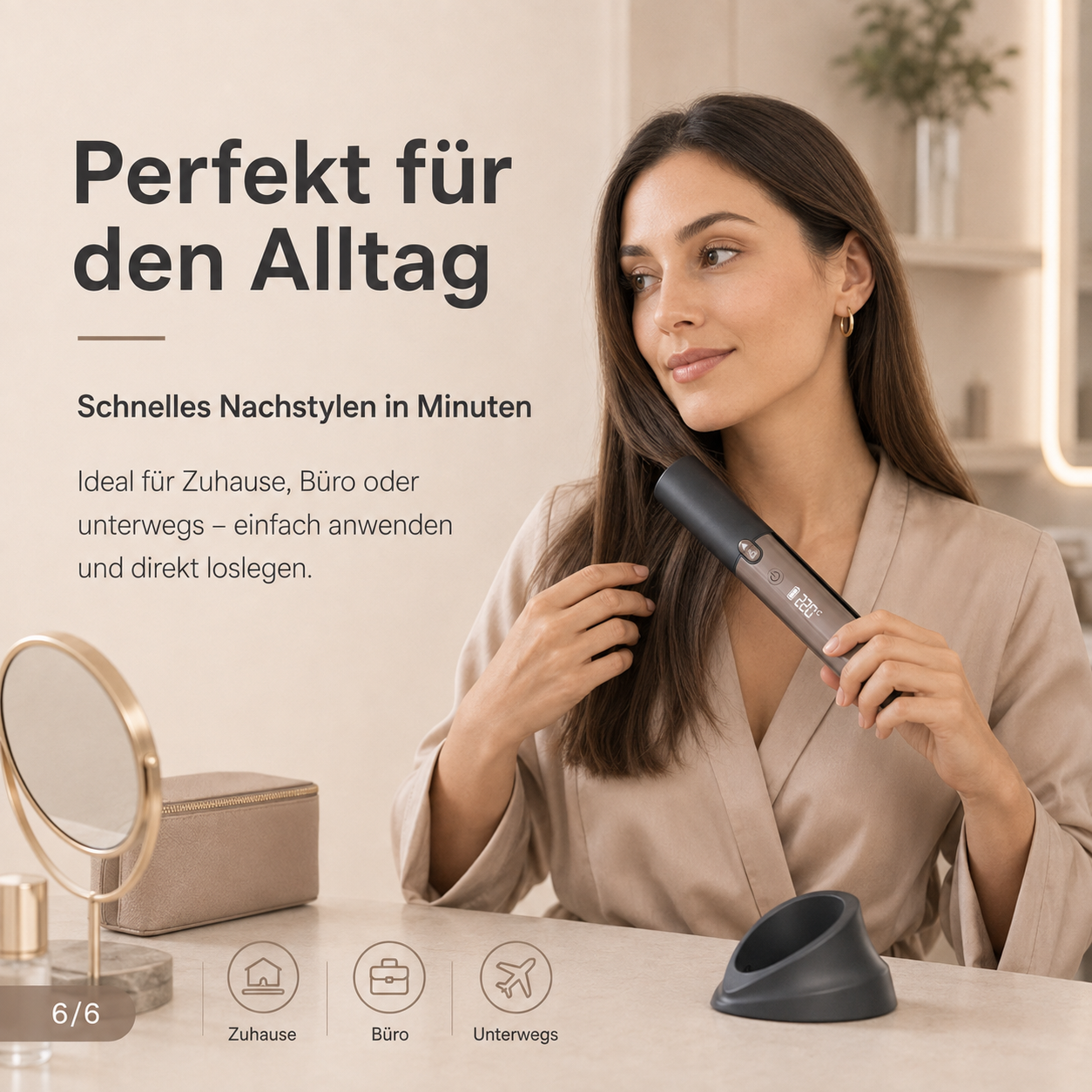 Eine Frau stylt ihre Haare mit einem kabellosen Glätteisen in einem hellen Zimmer.