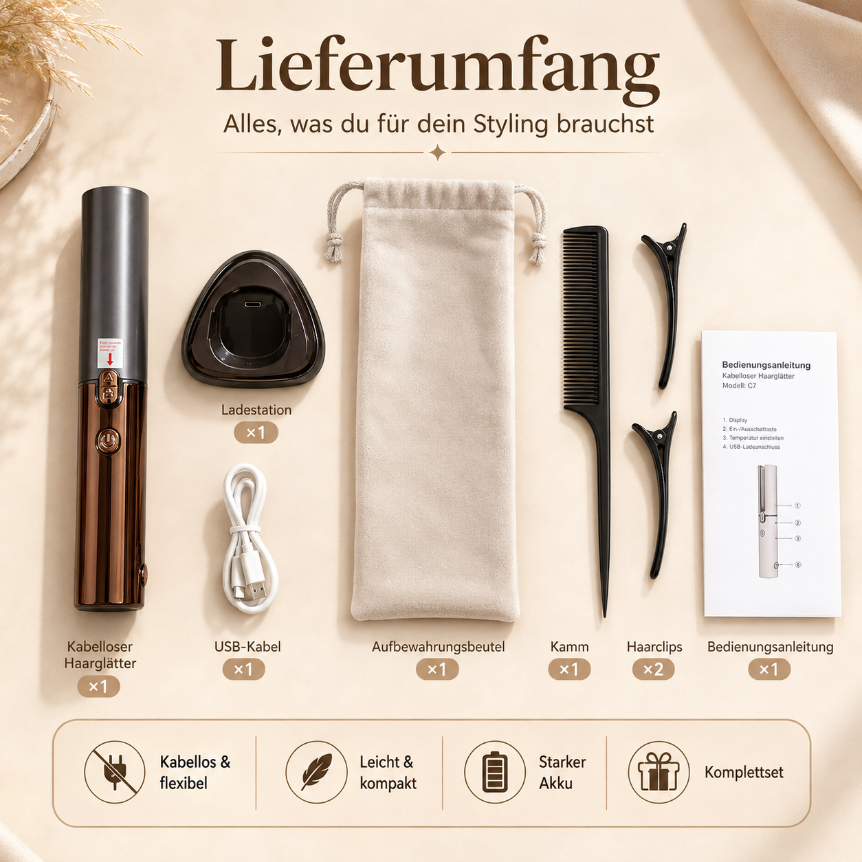 Lieferumfang eines kabellosen Haargl%C3%A4tters mit Zubeh%C3%B6r auf beigem Hintergrund.