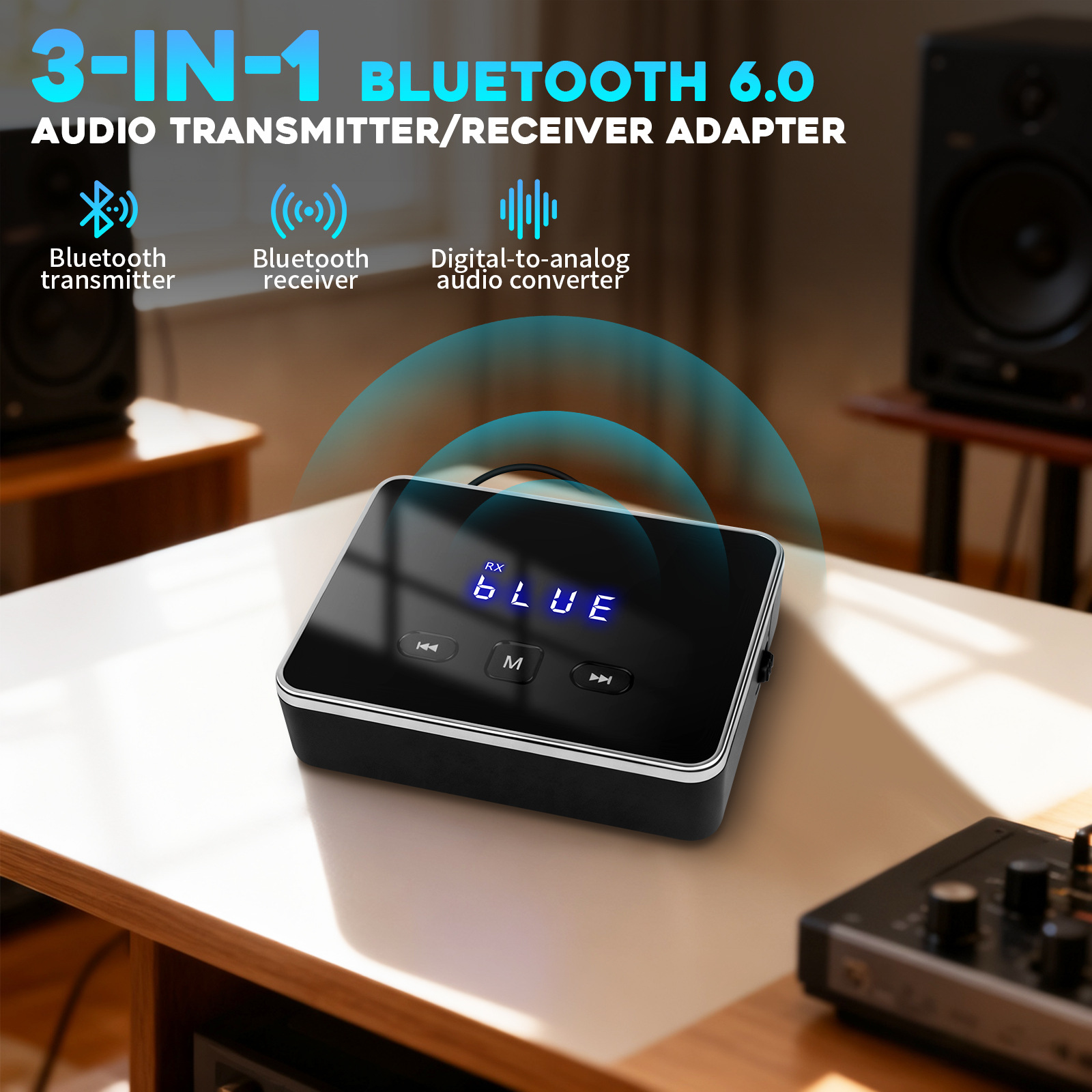 Ein 3-in-1 Bluetooth 6.0 Audio-Adapter auf einem Holztisch mit Funkwellen-Symbolen.