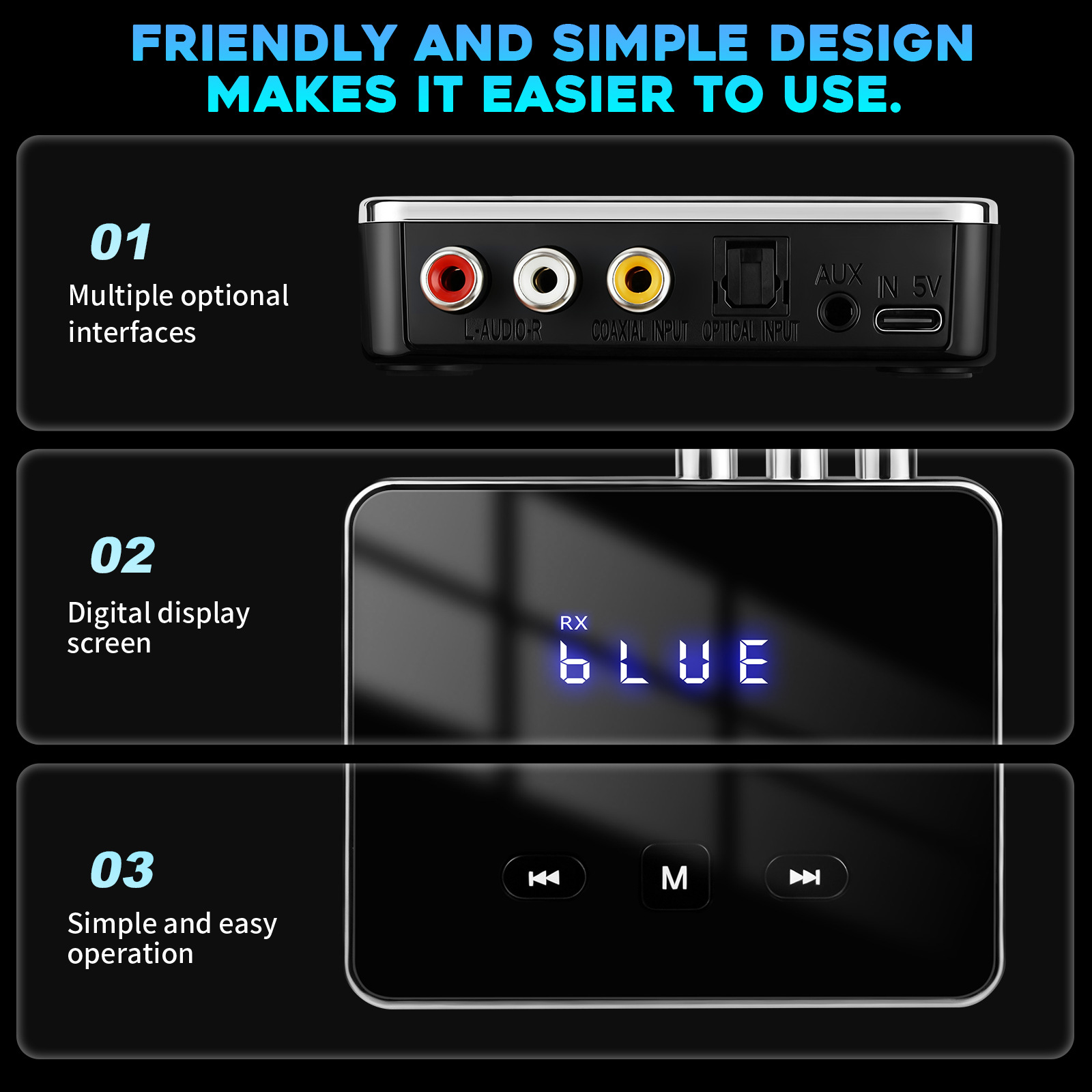 Audio-Adapter mit mehreren Anschlüssen, Digitaldisplay und einfachen Tasten für eine einfache Bedienung.