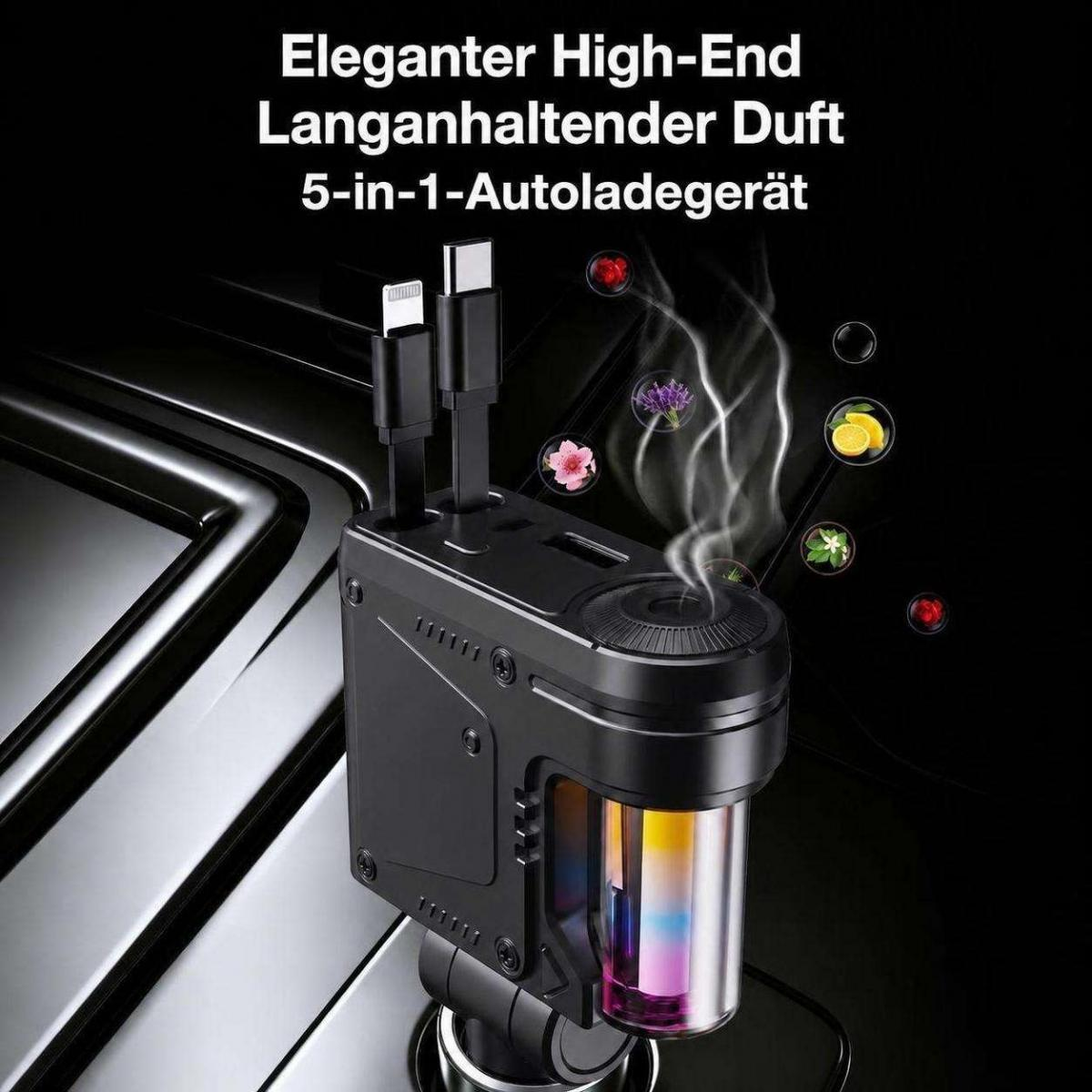 Ein schwarzes 5-in-1-Autoladegerät mit integriertem Diffusor und zwei Ladekabeln in einem Auto.