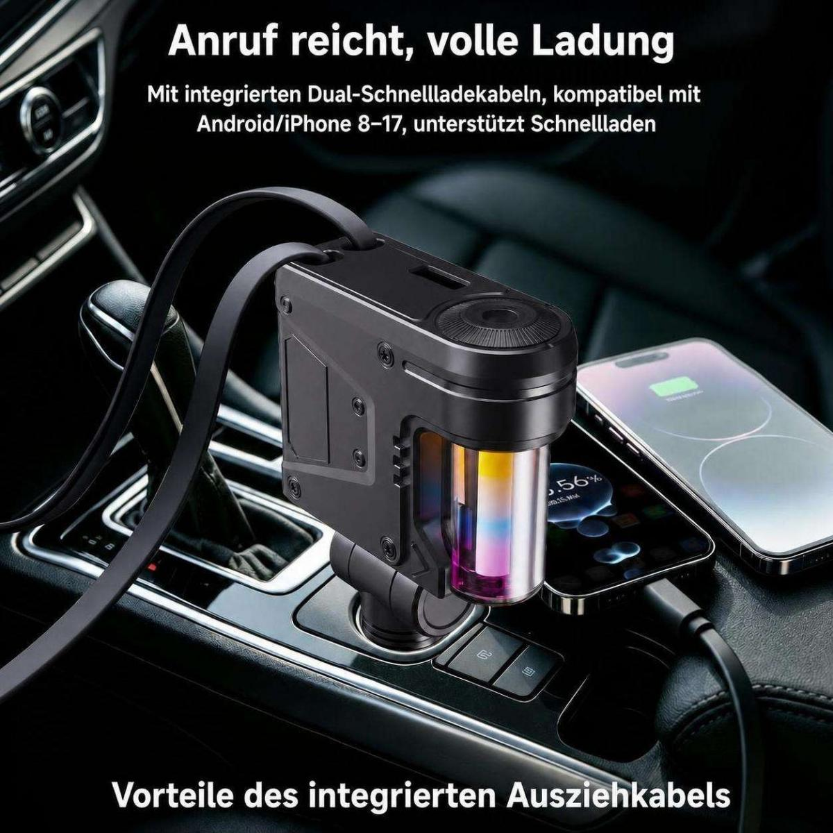 Ein Autoladegerät mit integrierten Kabeln und bunten Akzenten, angeschlossen in einer Mittelkonsole.