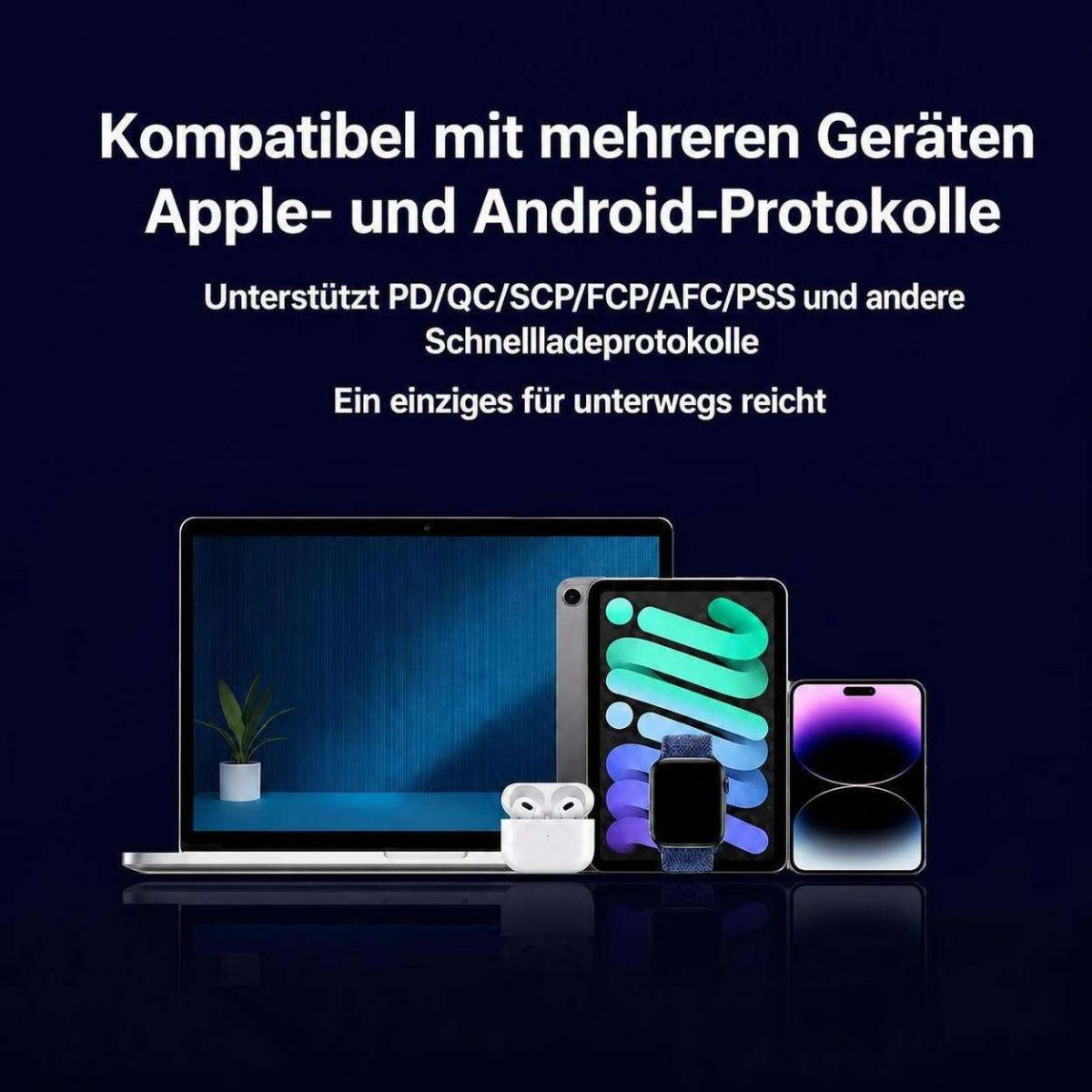 Verschiedene Apple-Geräte wie Laptop, Tablet, Smartphone, Ohrhörer und Smartwatch auf dunklem Hintergrund.