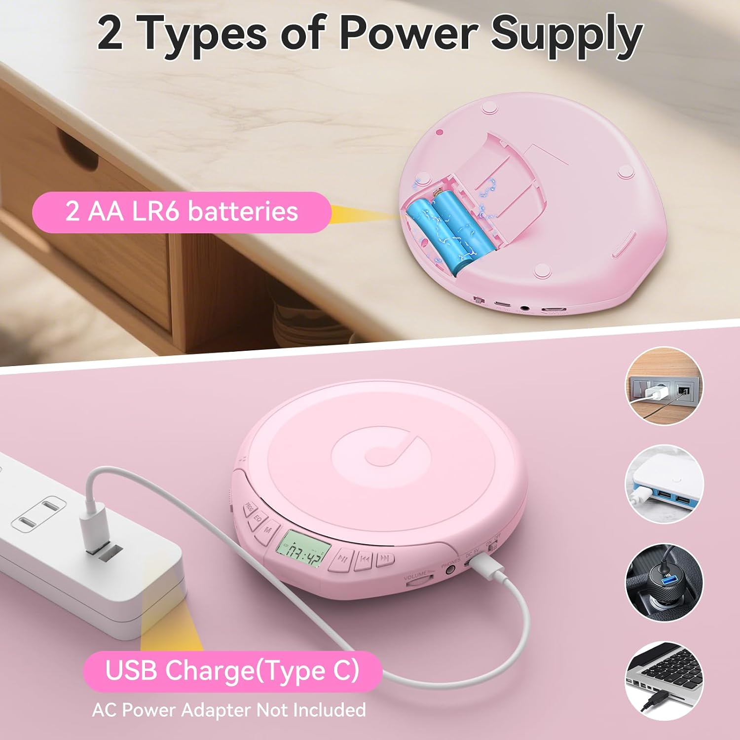 Ein rosafarbener CD-Player zeigt zwei Stromversorgungsoptionen: 2 AA-Batterien oder USB-Typ-C-Kabel.