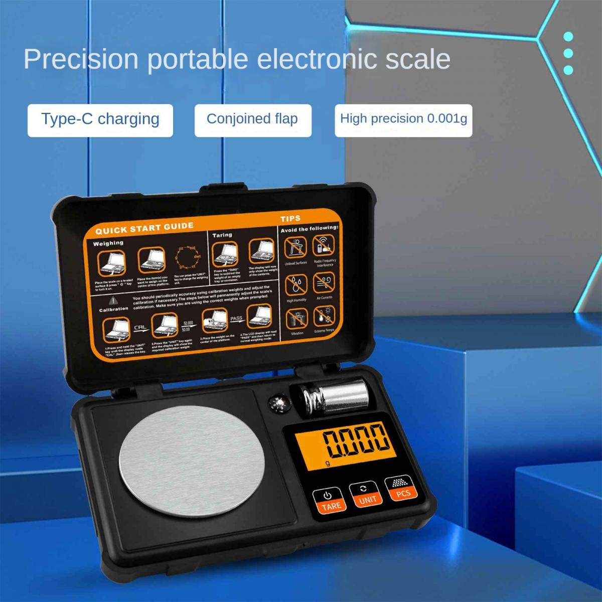 Präzisionswaage in schwarzem Gehäuse mit digitalem Display, runder Wiegefläche und Anleitung im Deckel.