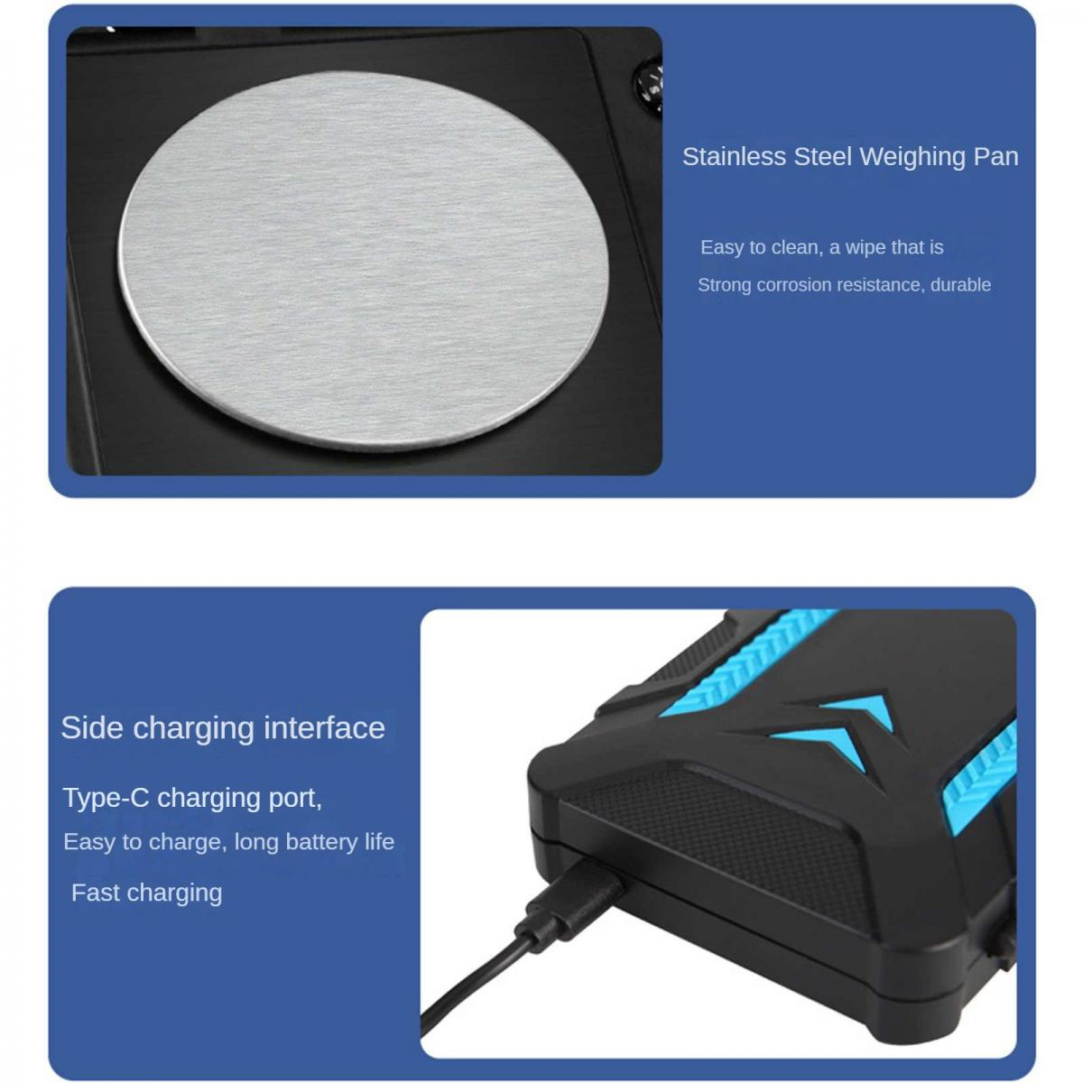 Edstahl-Wiegeschale und USB-C Ladeanschluss an der Seite.
