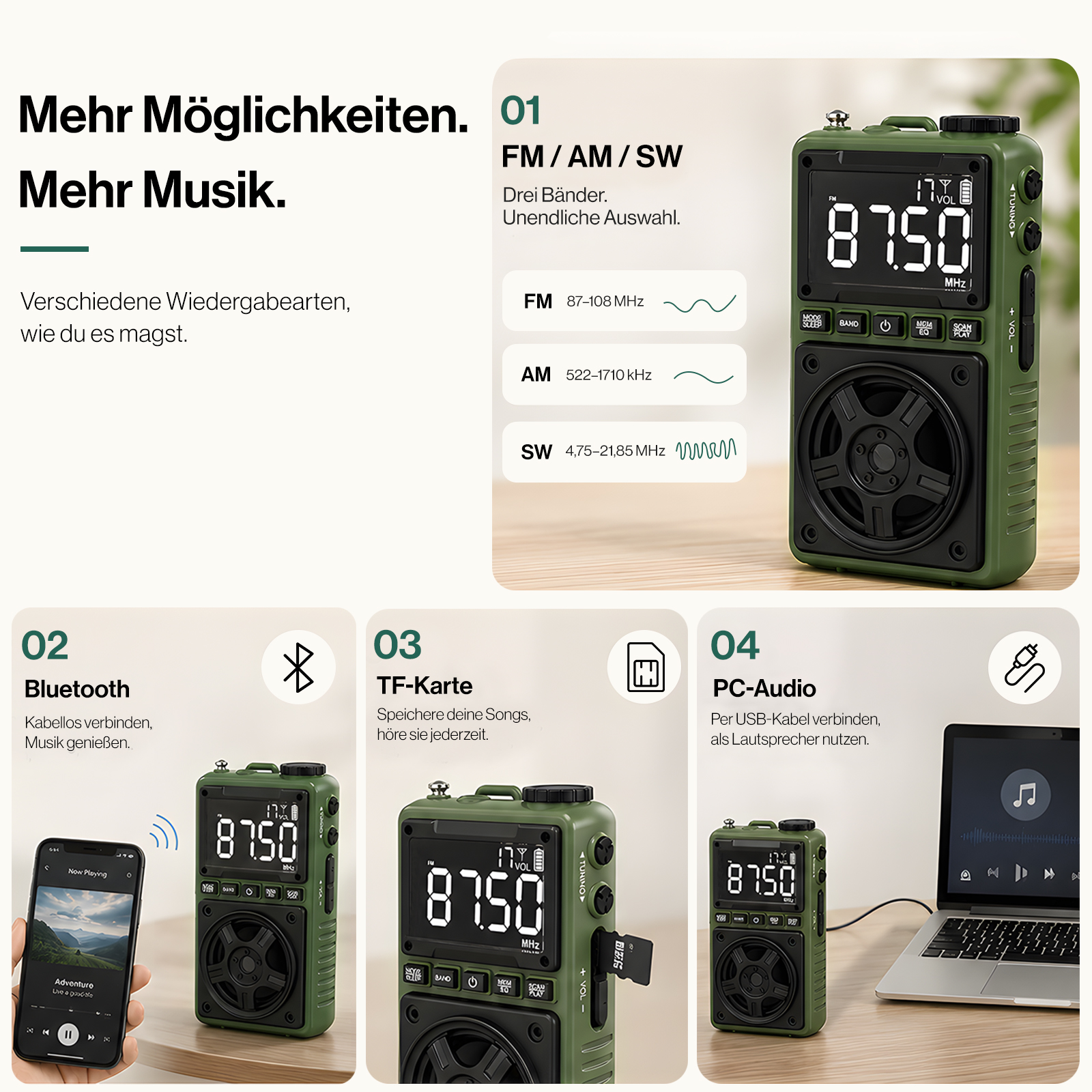 Grünes tragbares Radio mit digitalem Display, Bluetooth, TF-Karte und PC-Audio-Verbindung.