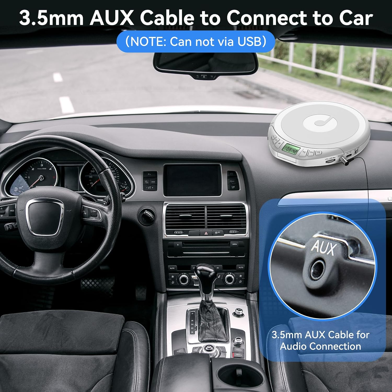 Ein CD-Player auf dem Armaturenbrett eines Autos zeigt die 3,5-mm-AUX-Kabelverbindung.