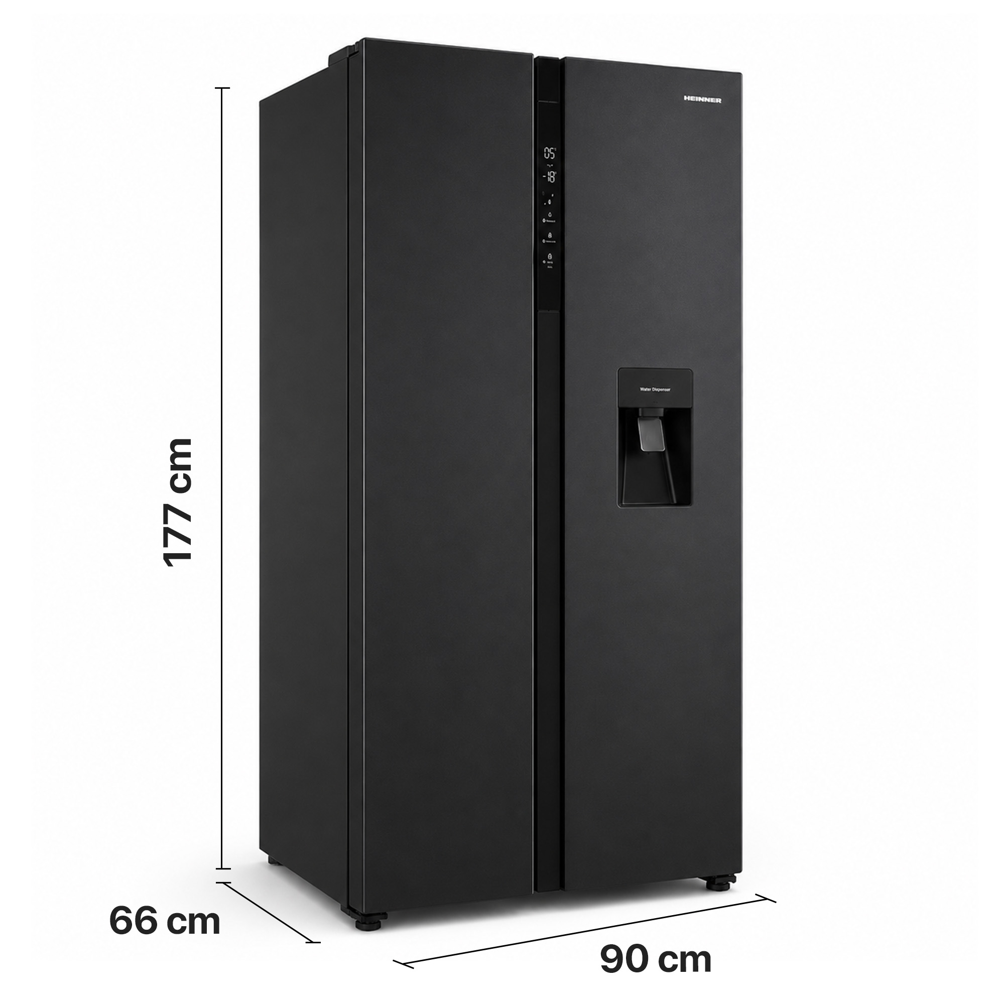 A black side-by-side refrigerator with a water dispenser and dimension lines showing 177 cm height, 90 cm width, and 66 cm depth.